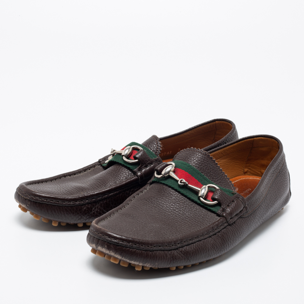 

Gucci Brown Leather Web Horsebit Loafers Size