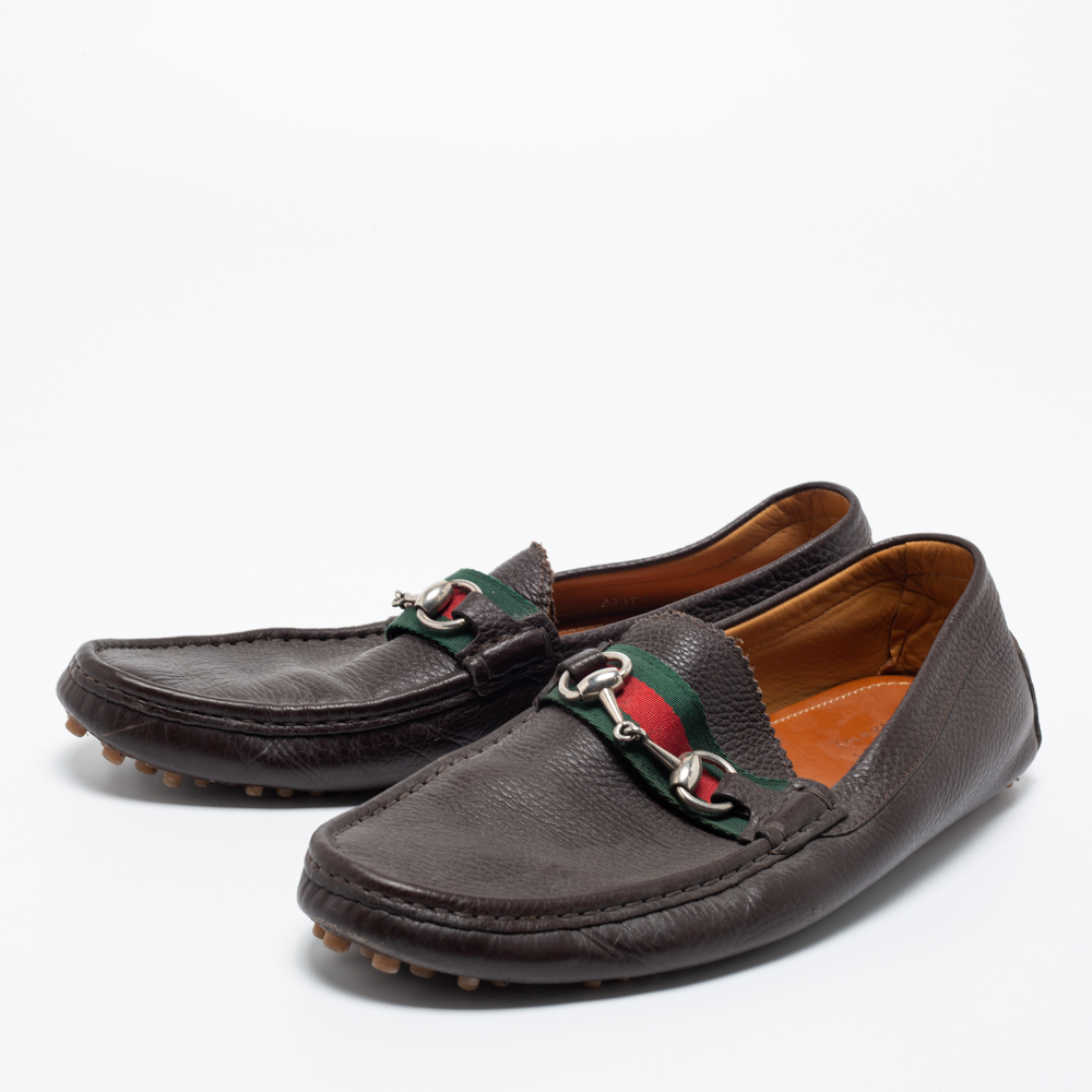

Gucci Brown Leather Web Horsebit Loafers Size