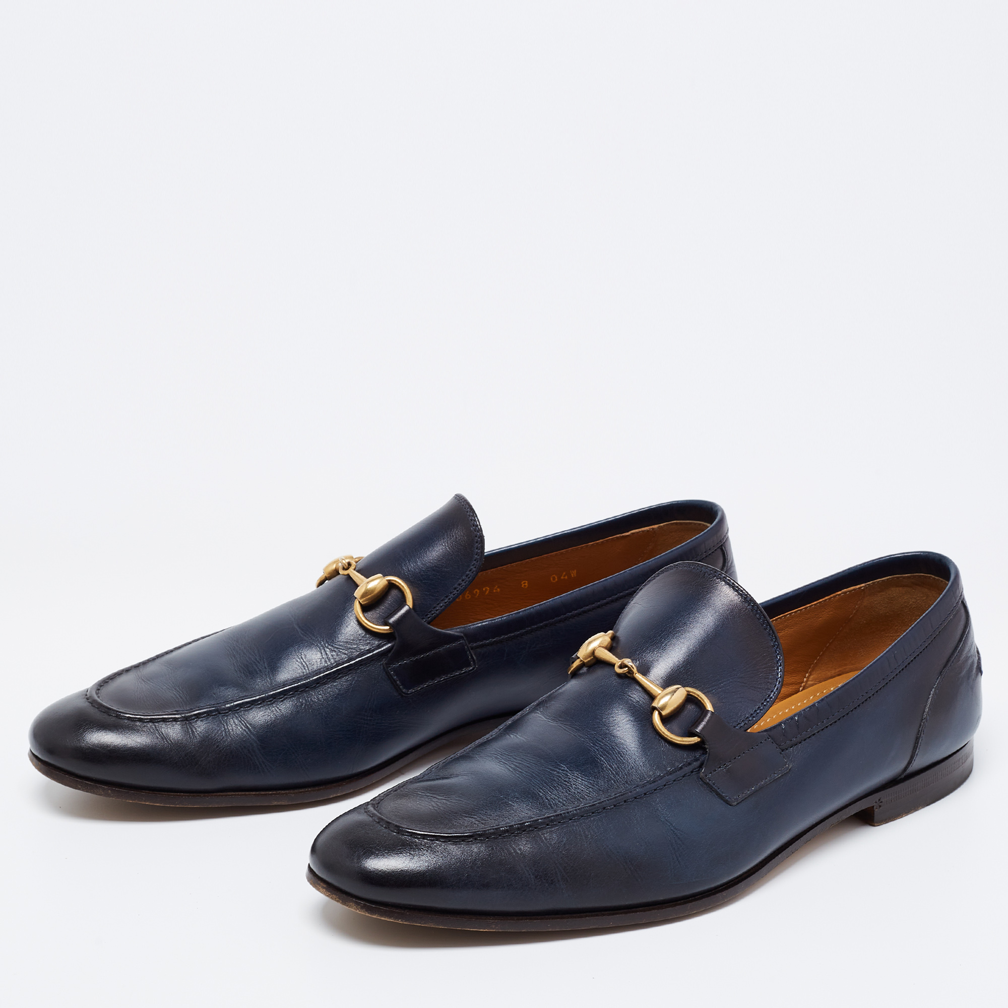 

Gucci Navy Blue Leather Horsebit Jordaan Loafers Size