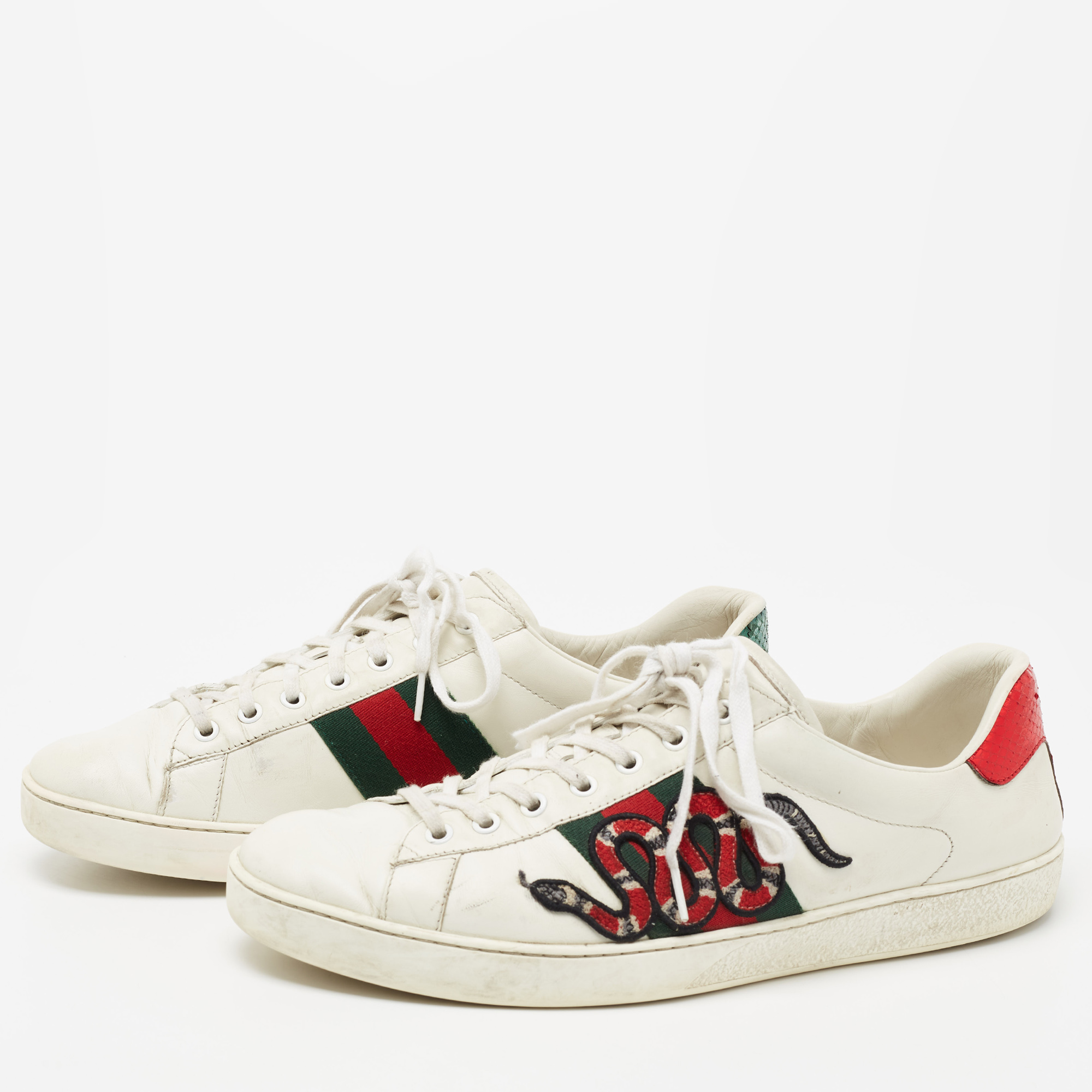 

Gucci White Leather And Snakeskin Embossed Ace Snake Embroidered Sneakers Size