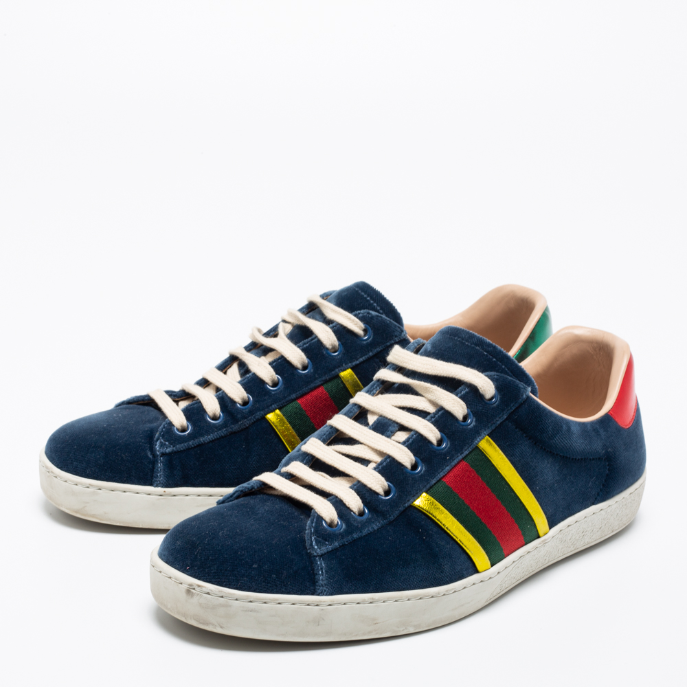 

Gucci Blue Velvet And Leather Web Ace Sneakers Size