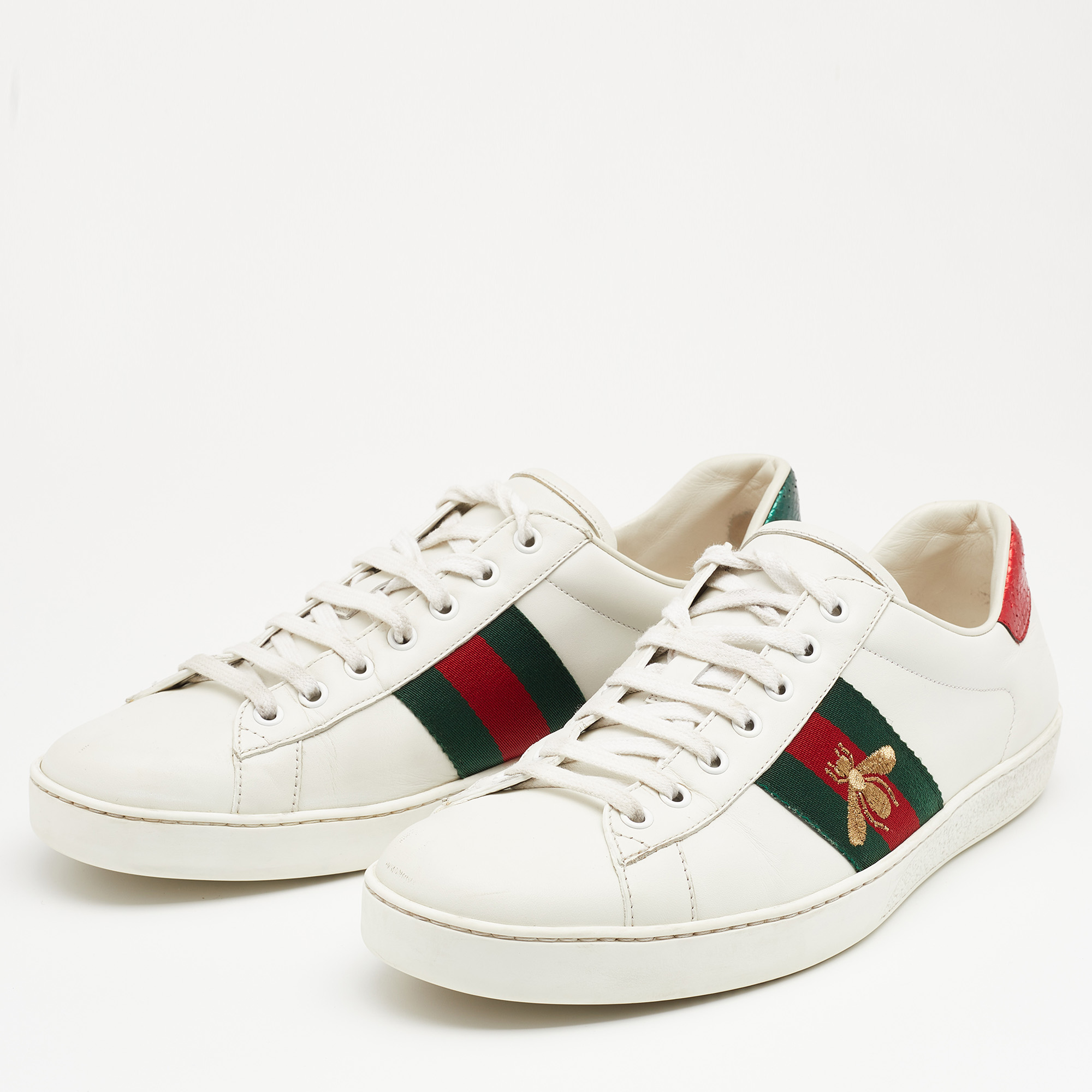 

Gucci White Leather Web Detail Embroidered Bee Ace Low Top Sneakers Size