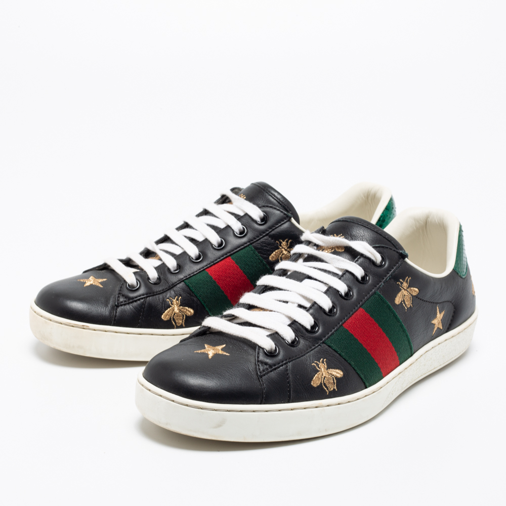 

Gucci Black Leather Ace Bees and Stars Embroidered Low Top Sneakers Size