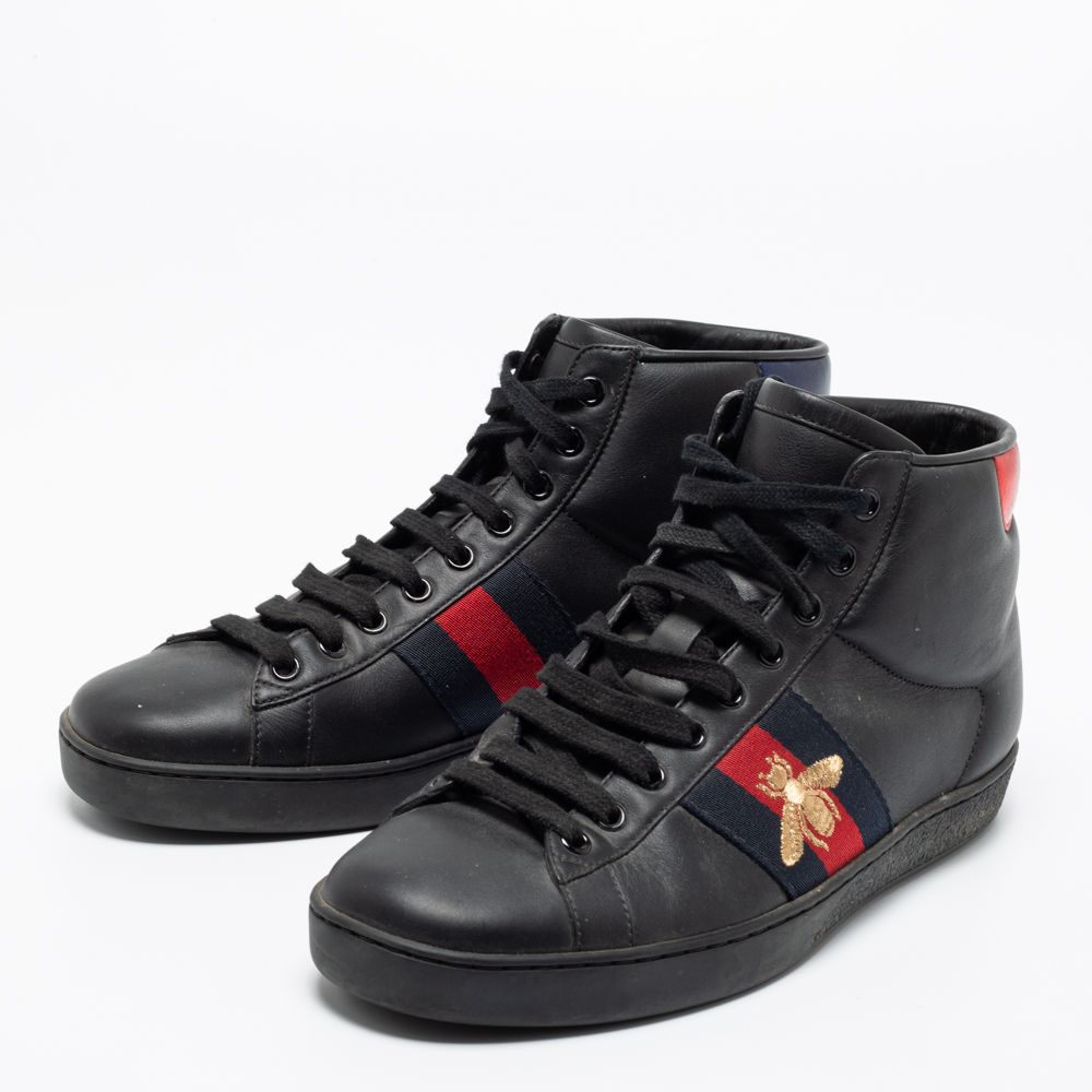 

Gucci Black Leather Embroidered Bee Ace High Top Sneakers Size