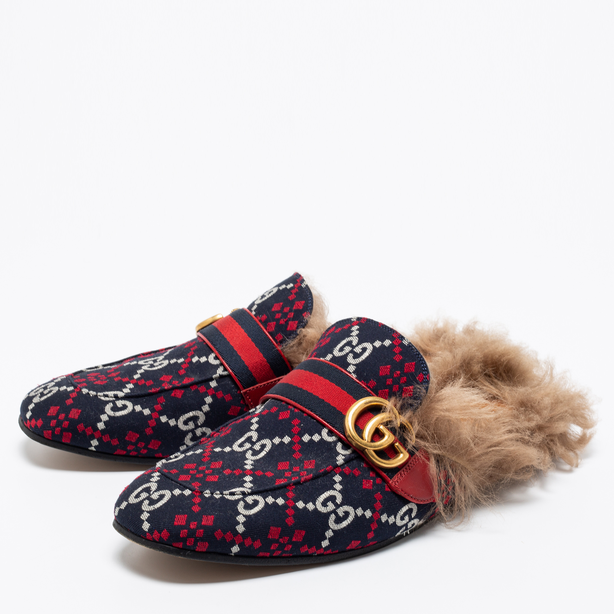 

Gucci Multicolor Jacquard Fabric And Fur Lined Princetown Mules Sandals Size