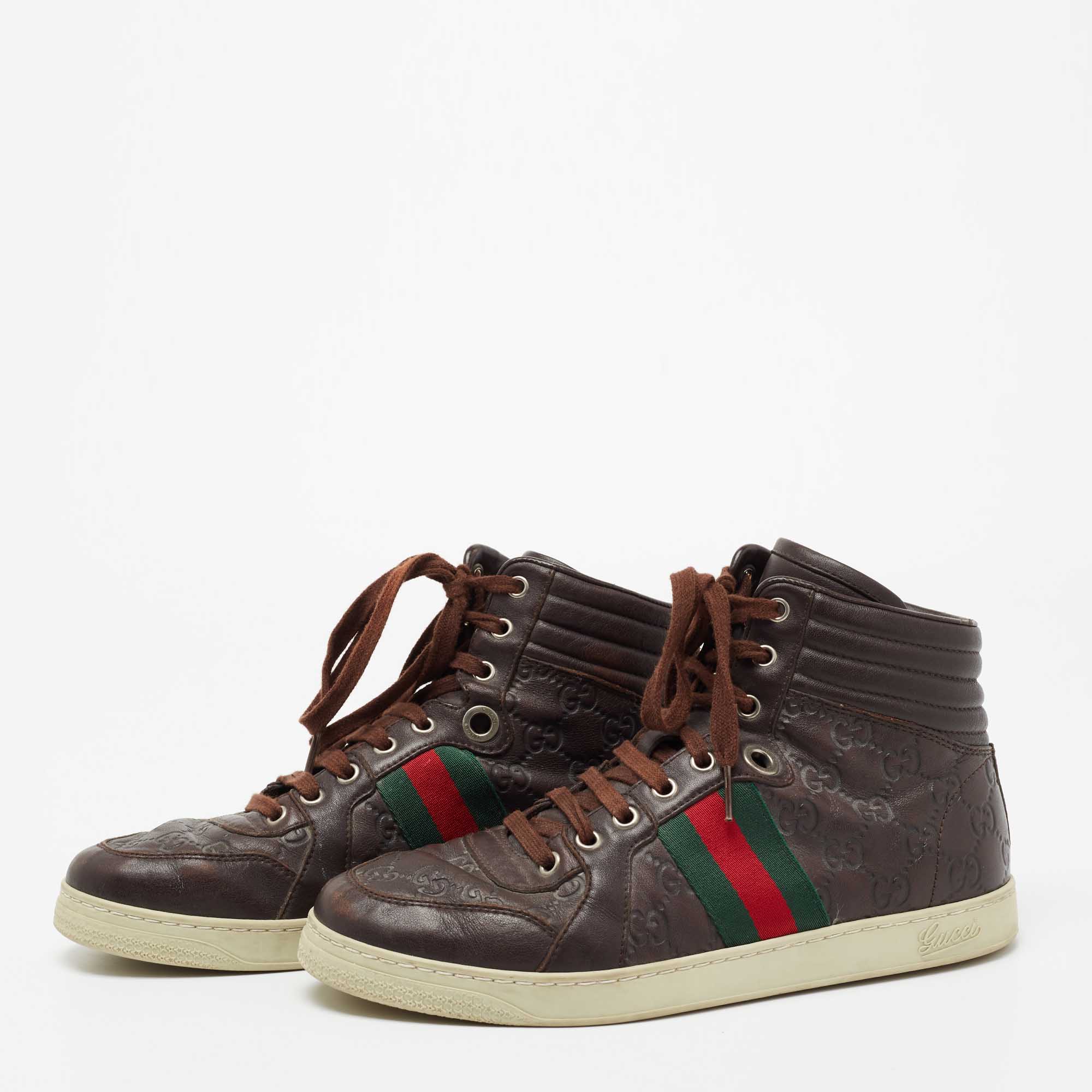 

Gucci Brown Guccissima Leather Web Detail High Top Sneakers Size