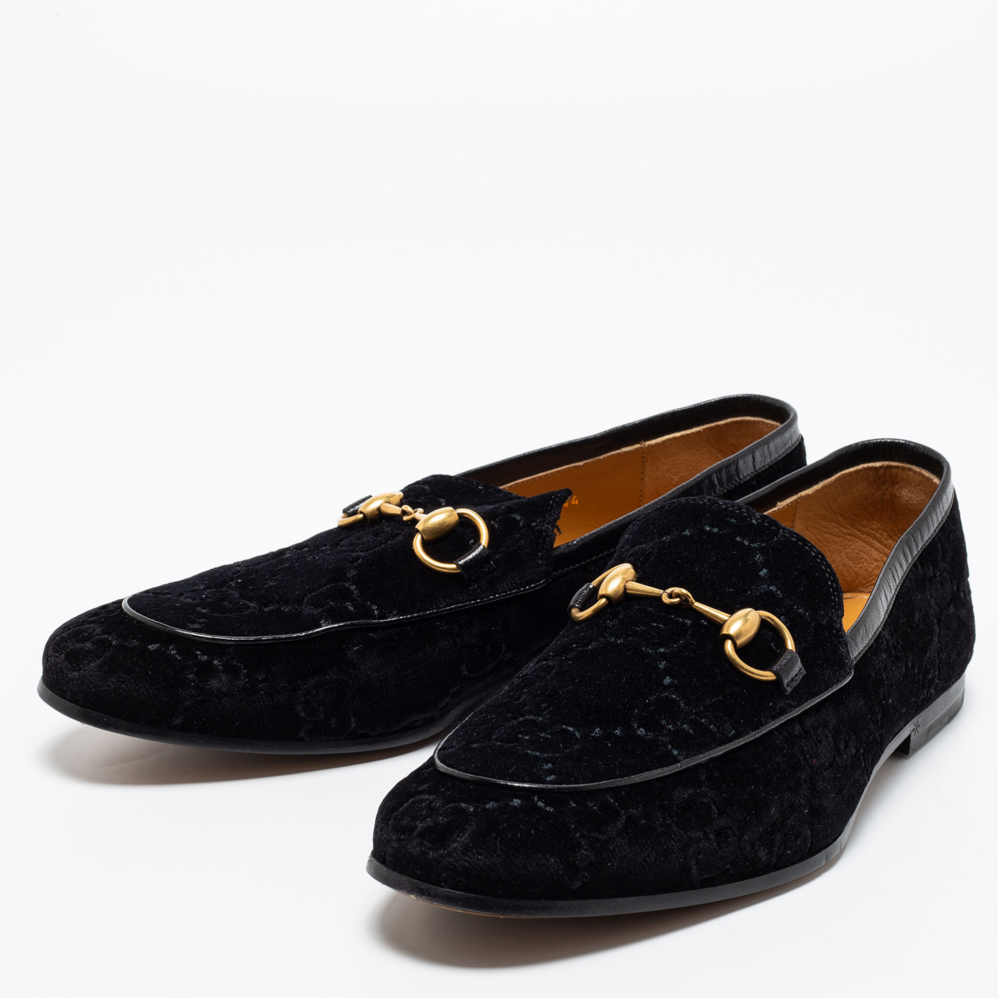 

Gucci Navy Blue GG Velvet And Leather Jordaan Horsebit Loafers Size