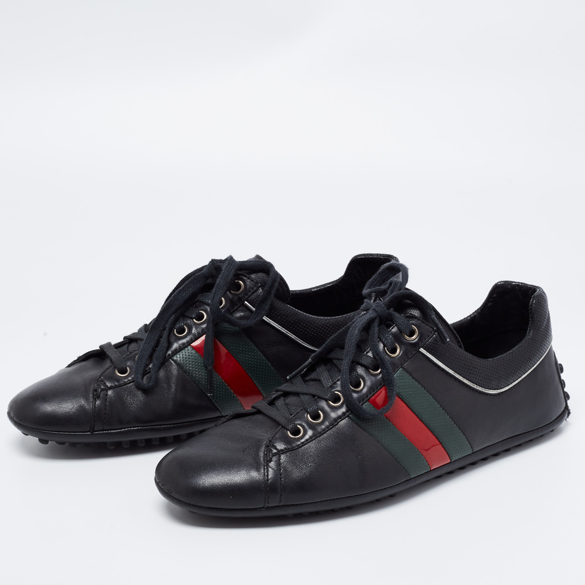 

Gucci Black Leather Web Low-Top Sneakers Size