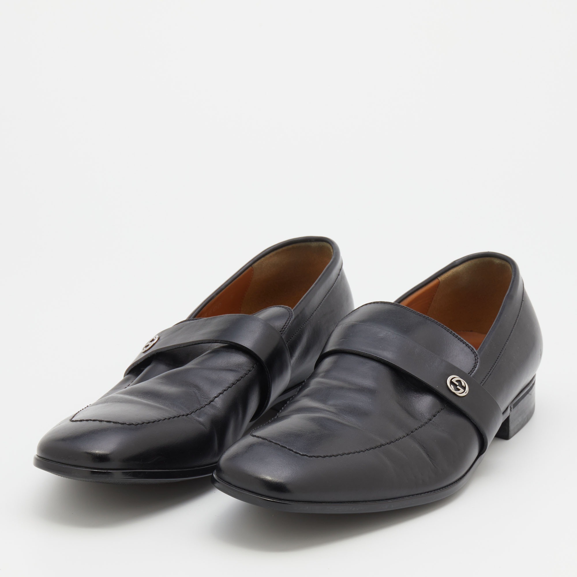 

Gucci Black Leather Interlocking G Slip On Loafers Size