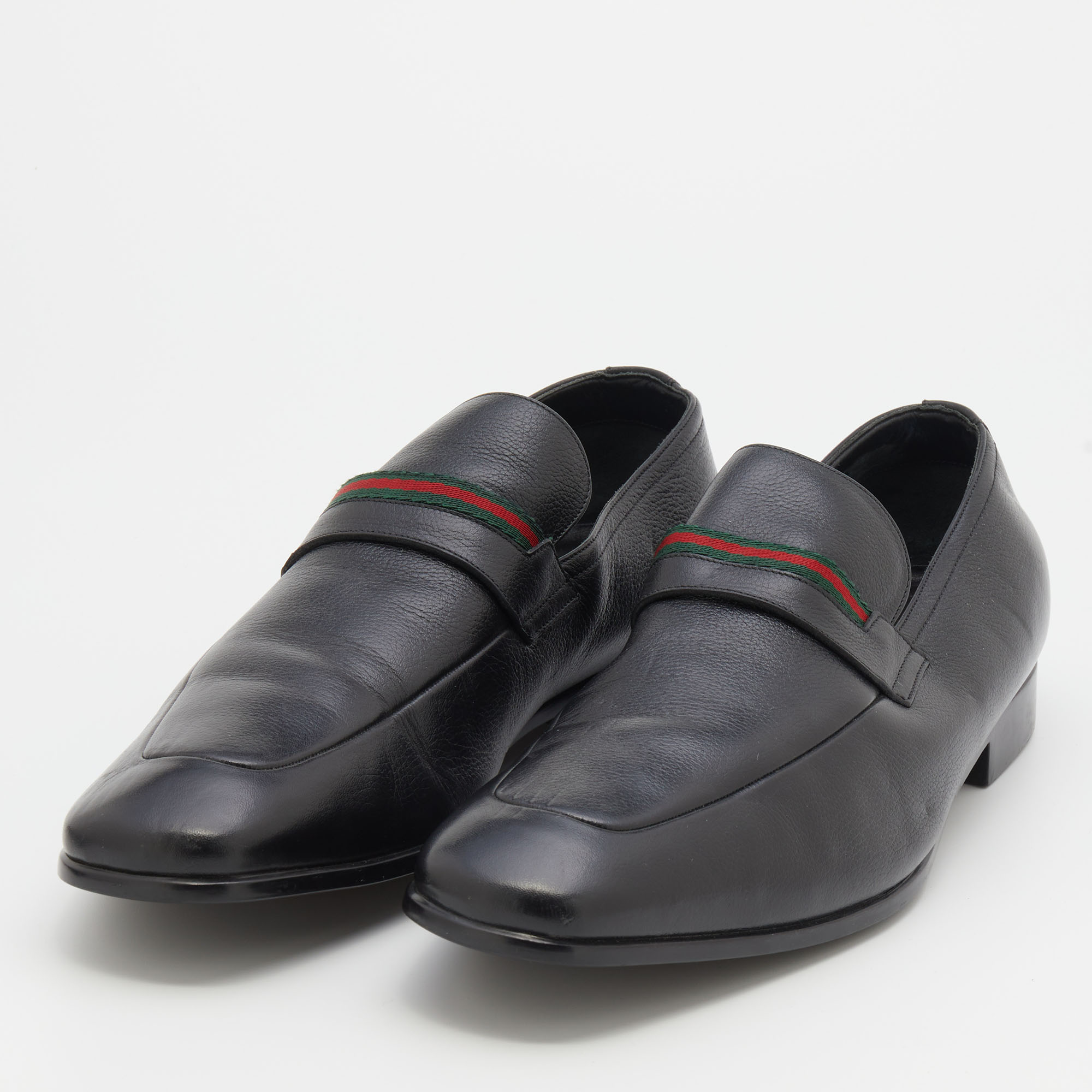

Gucci Black Leather Web Slip On Loafers Size