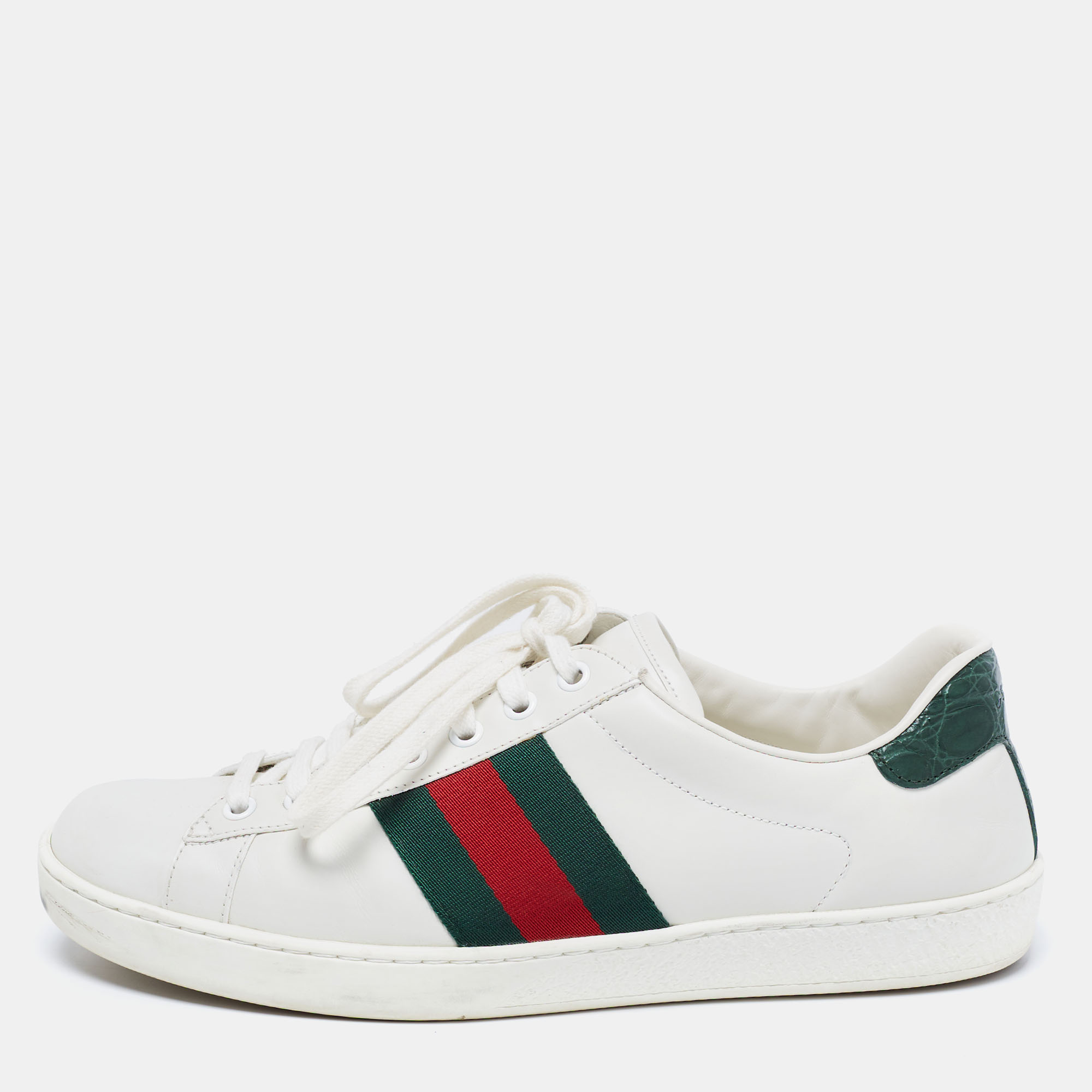 Pre Owned Gucci White Leather And Crocodile Ace Web Low Sneakers Size 41.5