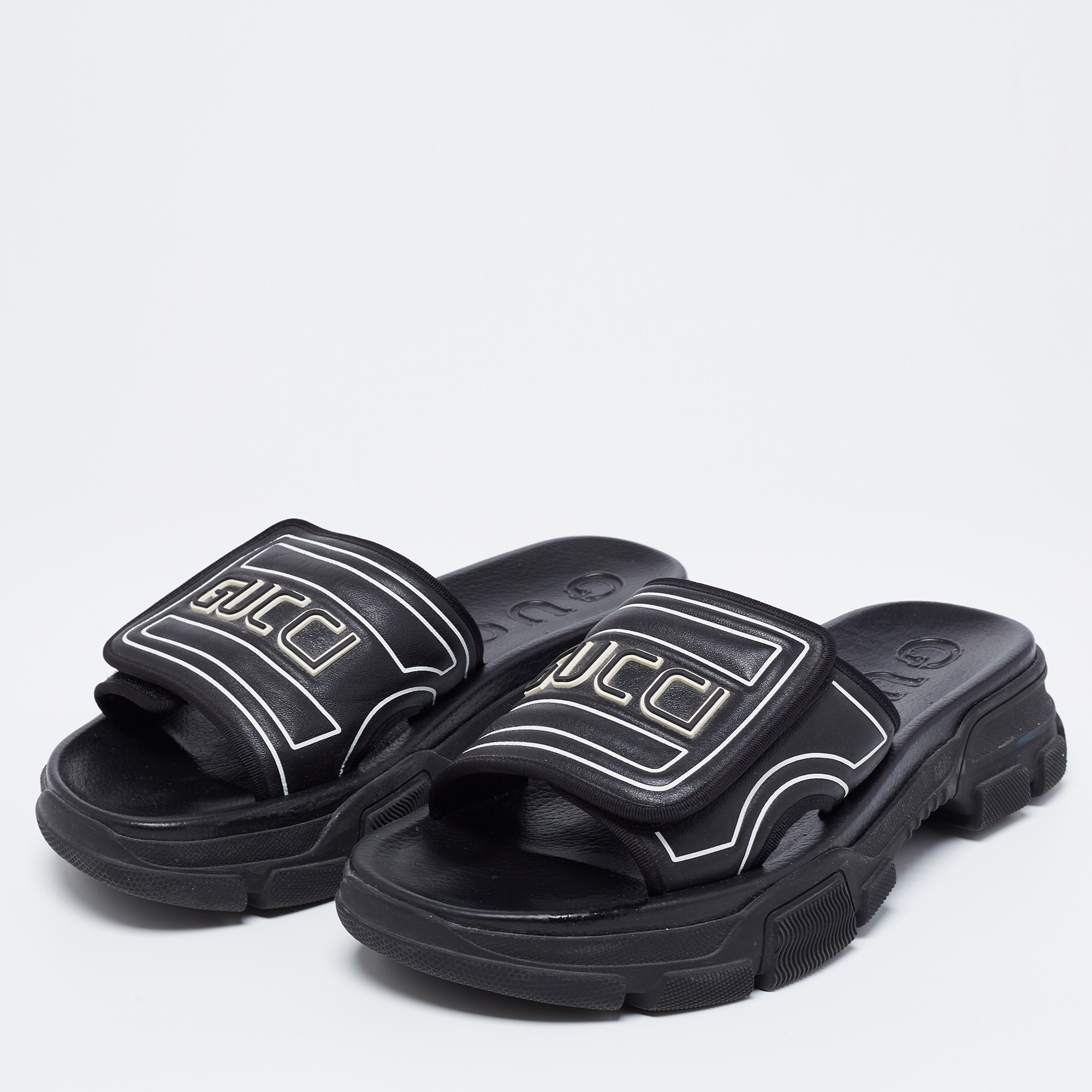 

Gucci Black Leather Aguru Trek Slip On Slides Size