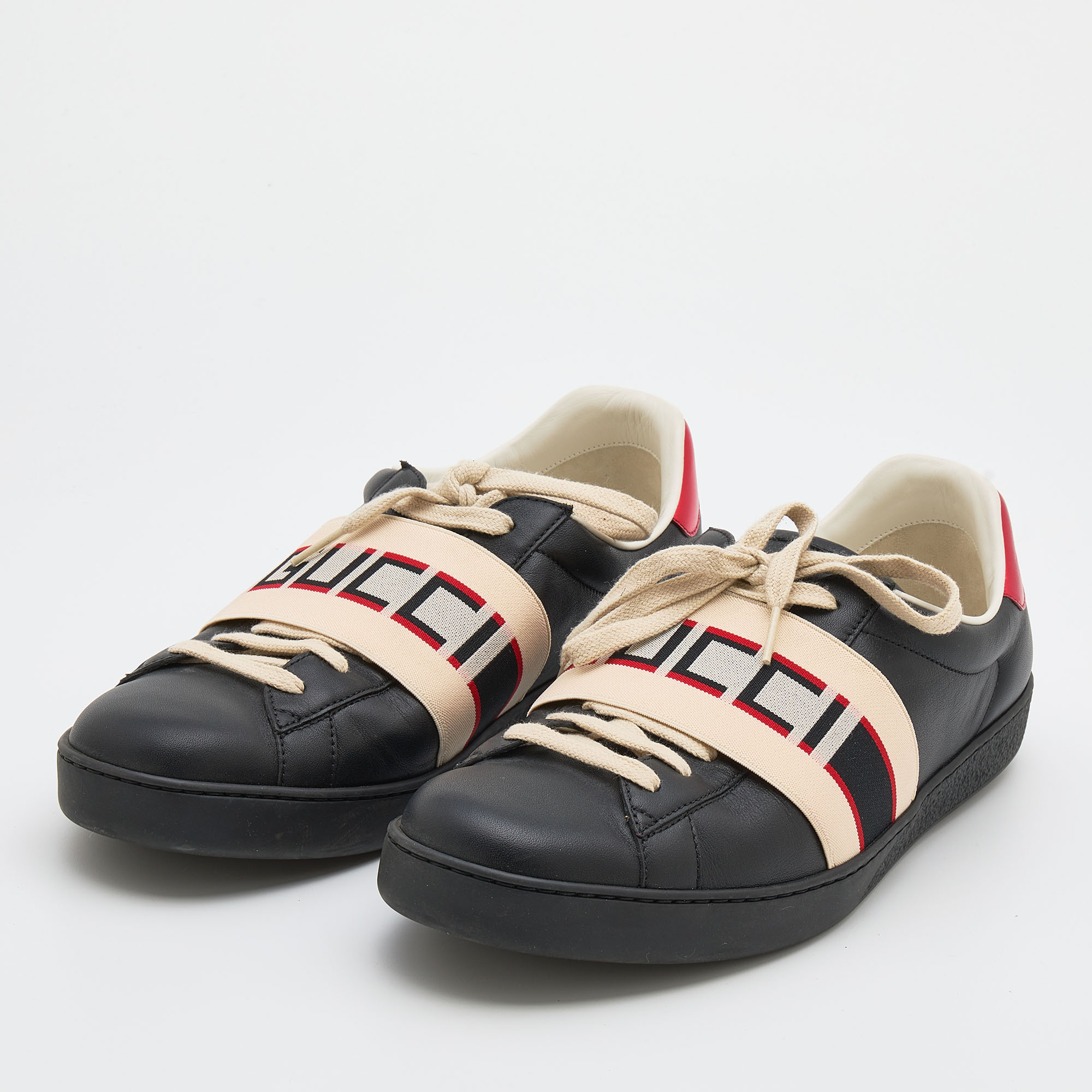 

Gucci Black Leather And Stretch Band New Ace Logo Strap Low Top Sneakers Size