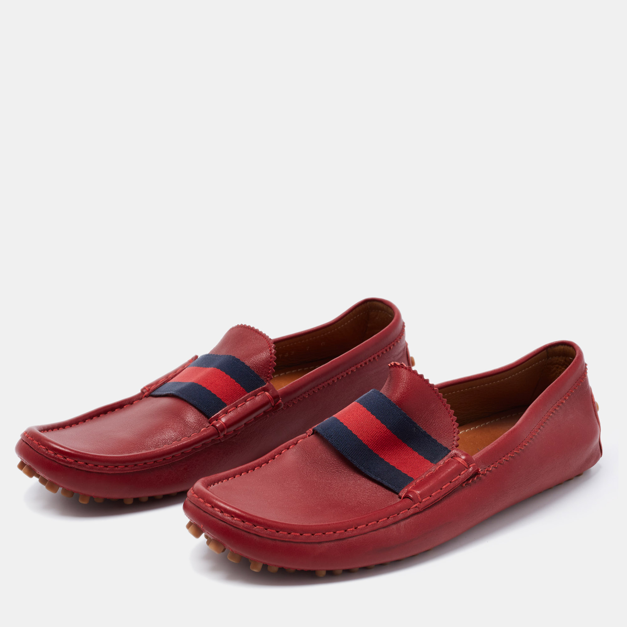 

Gucci Red Leather New Auger Sylvie Web Accent Loafers Size