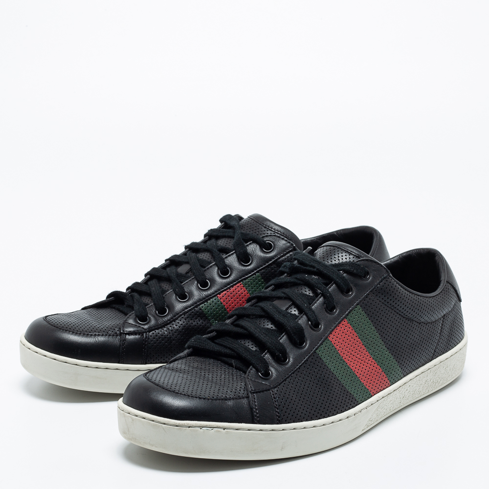 

Gucci Black Perforated Leather Web Detail Low Top Sneakers Size