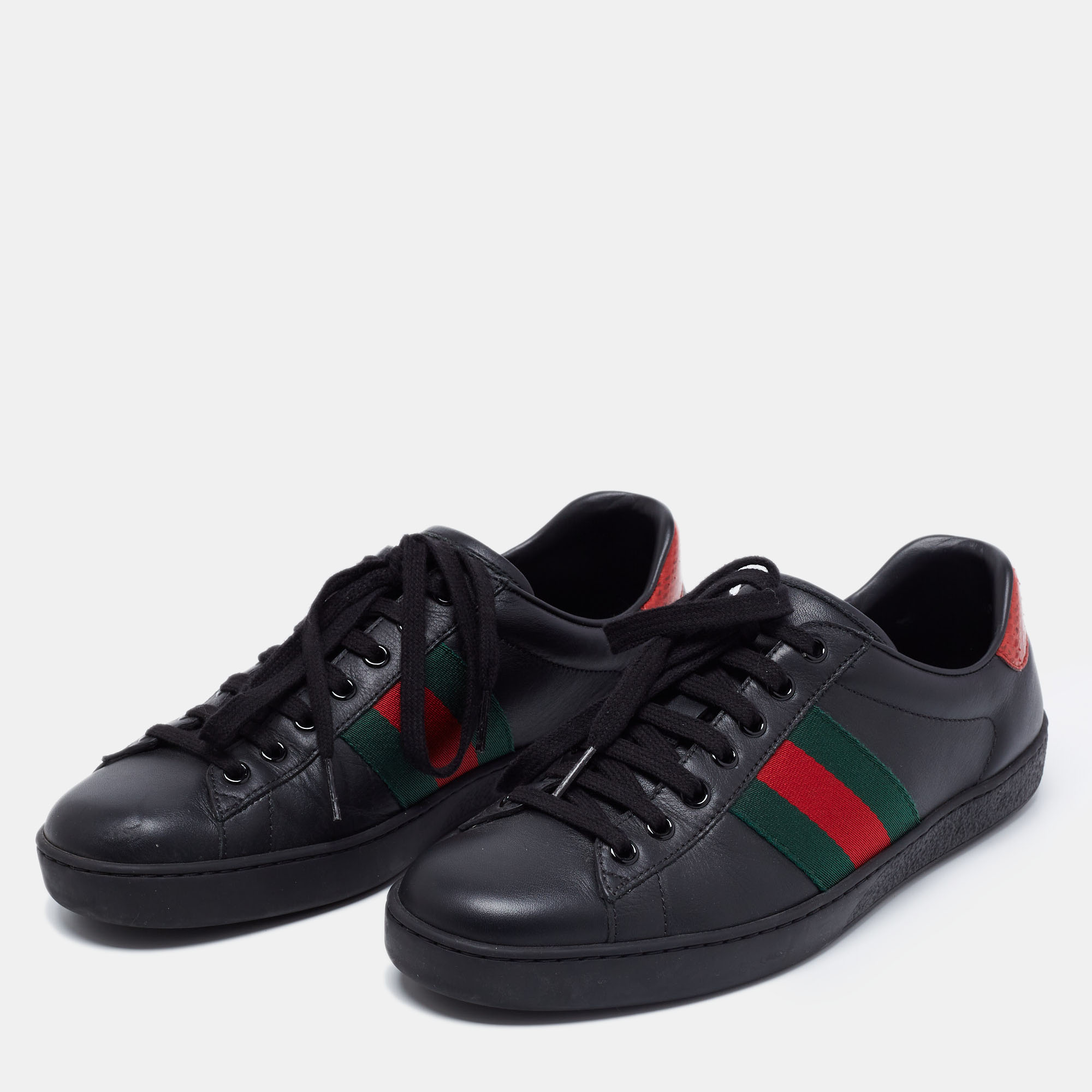 

Gucci Black Leather Web Ace Low-Top Sneakers Size