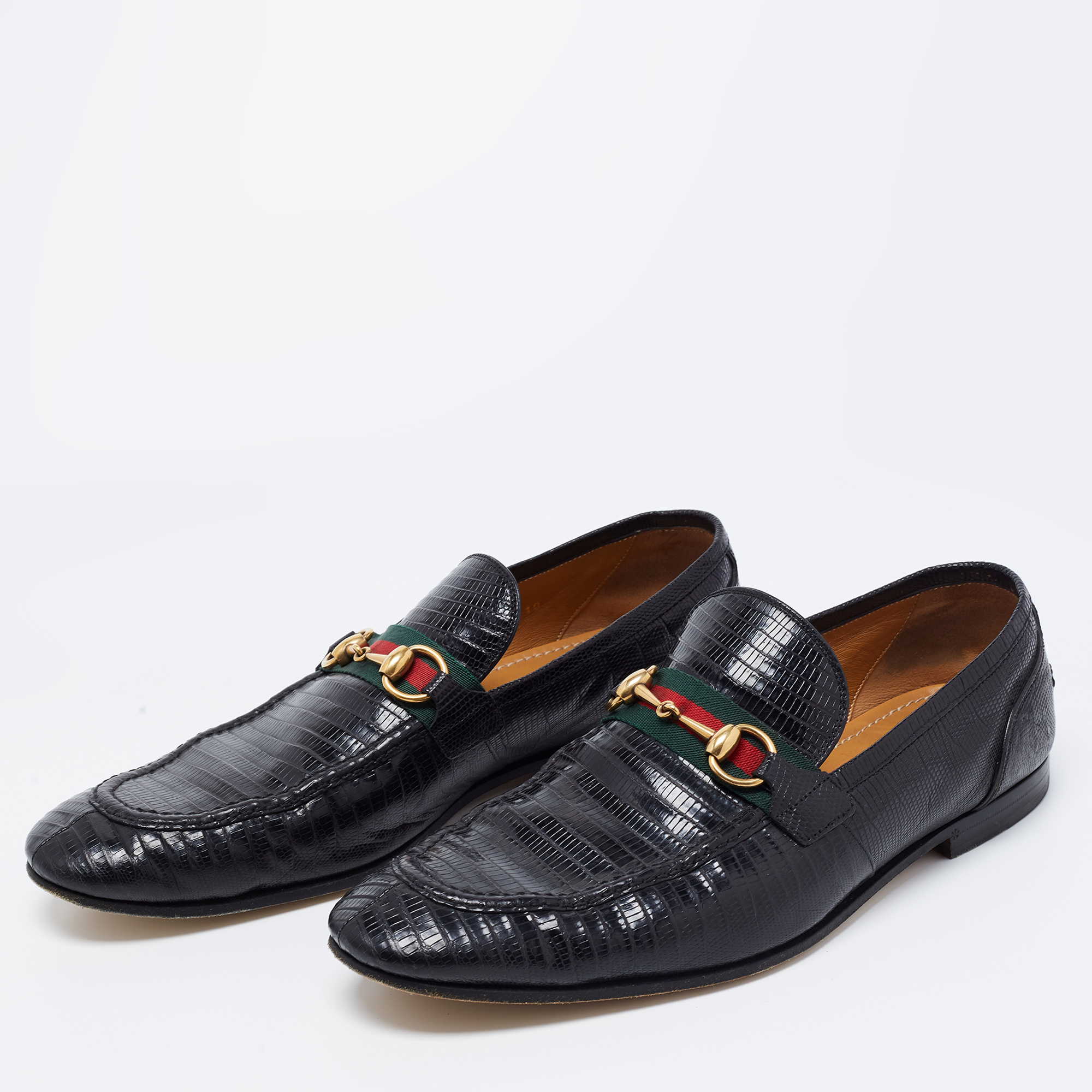 

Gucci Black Lizard Embossed Horsebit Loafers Size