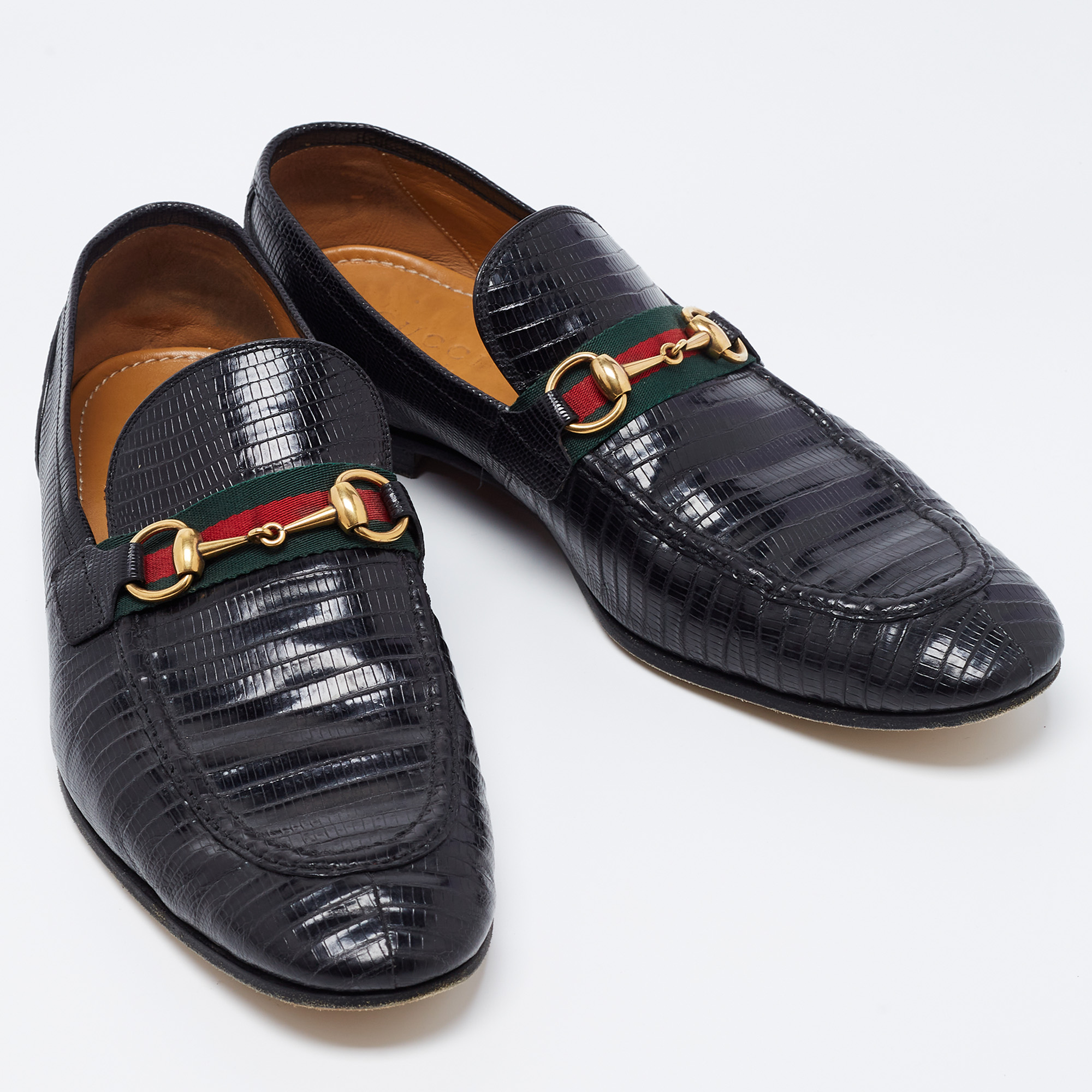 Gucci Black Lizard Embossed Horsebit Loafers Size 44 Gucci