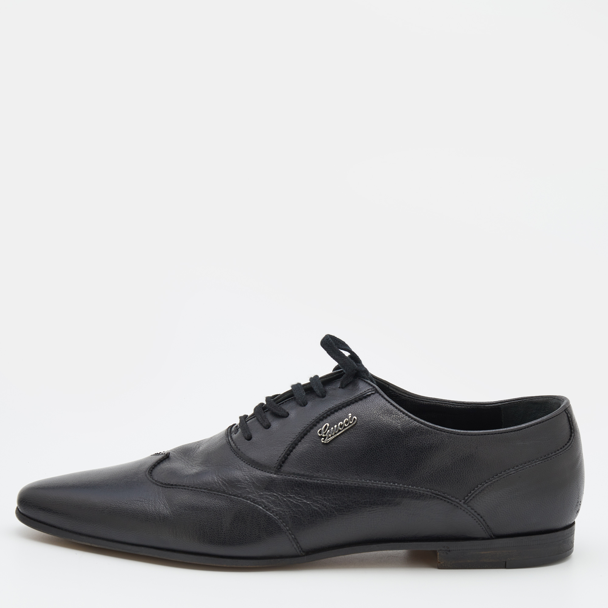 Pre-owned Gucci Black Leather Wingtip Lace Up Oxfords Size 43