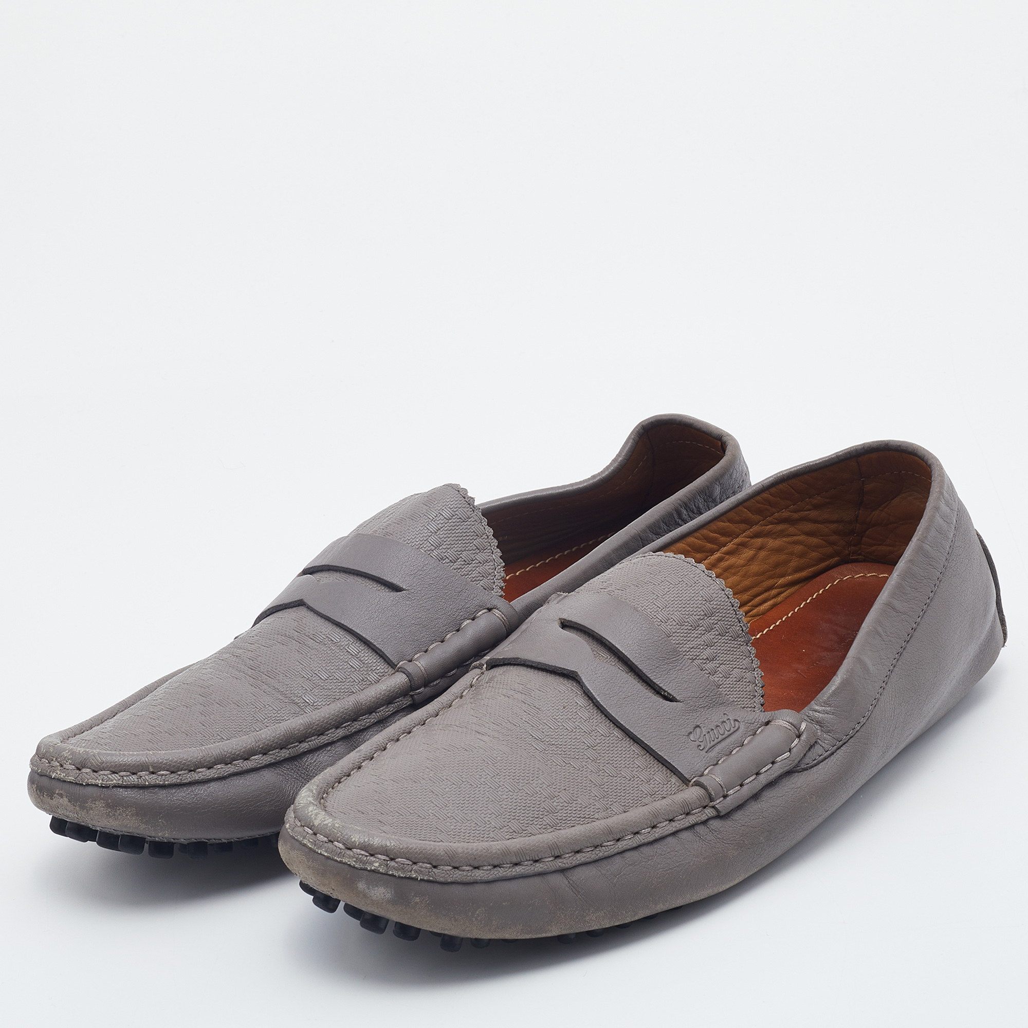 

Gucci Grey Diamante Leather Penny Slip On Loafers Size