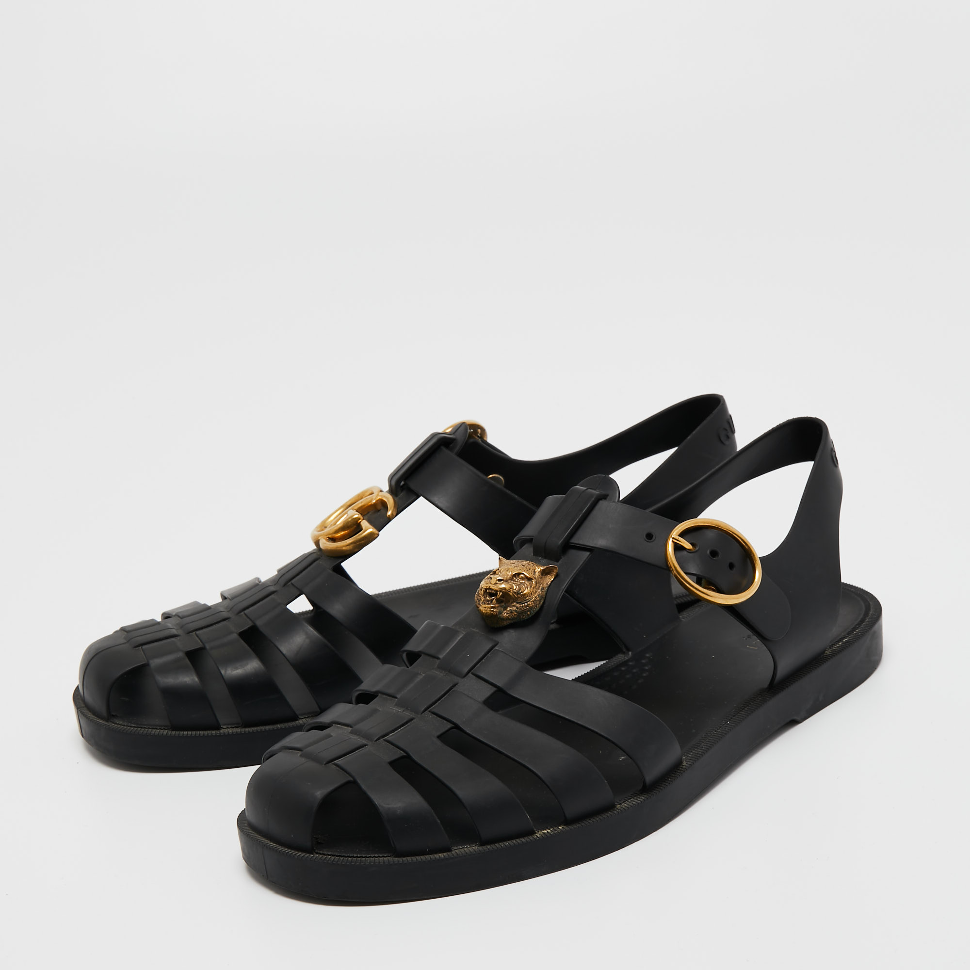 

Gucci Black Rubber GG Buckle Strappy Flat Sandals Size