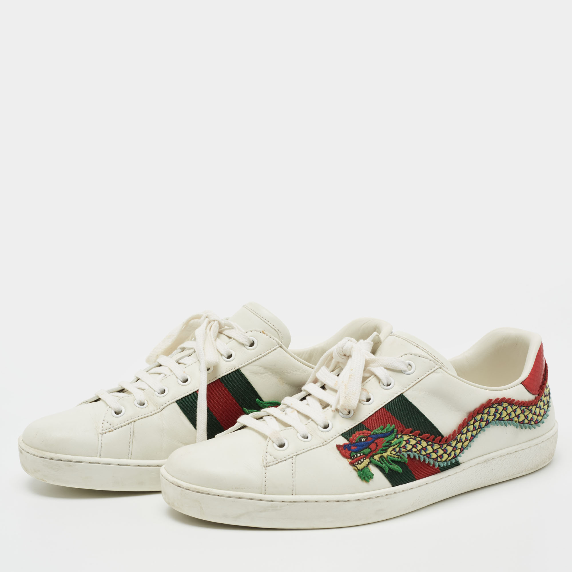 

Gucci White Leather Ace Dragon Embroidered Low Top Sneakers Size