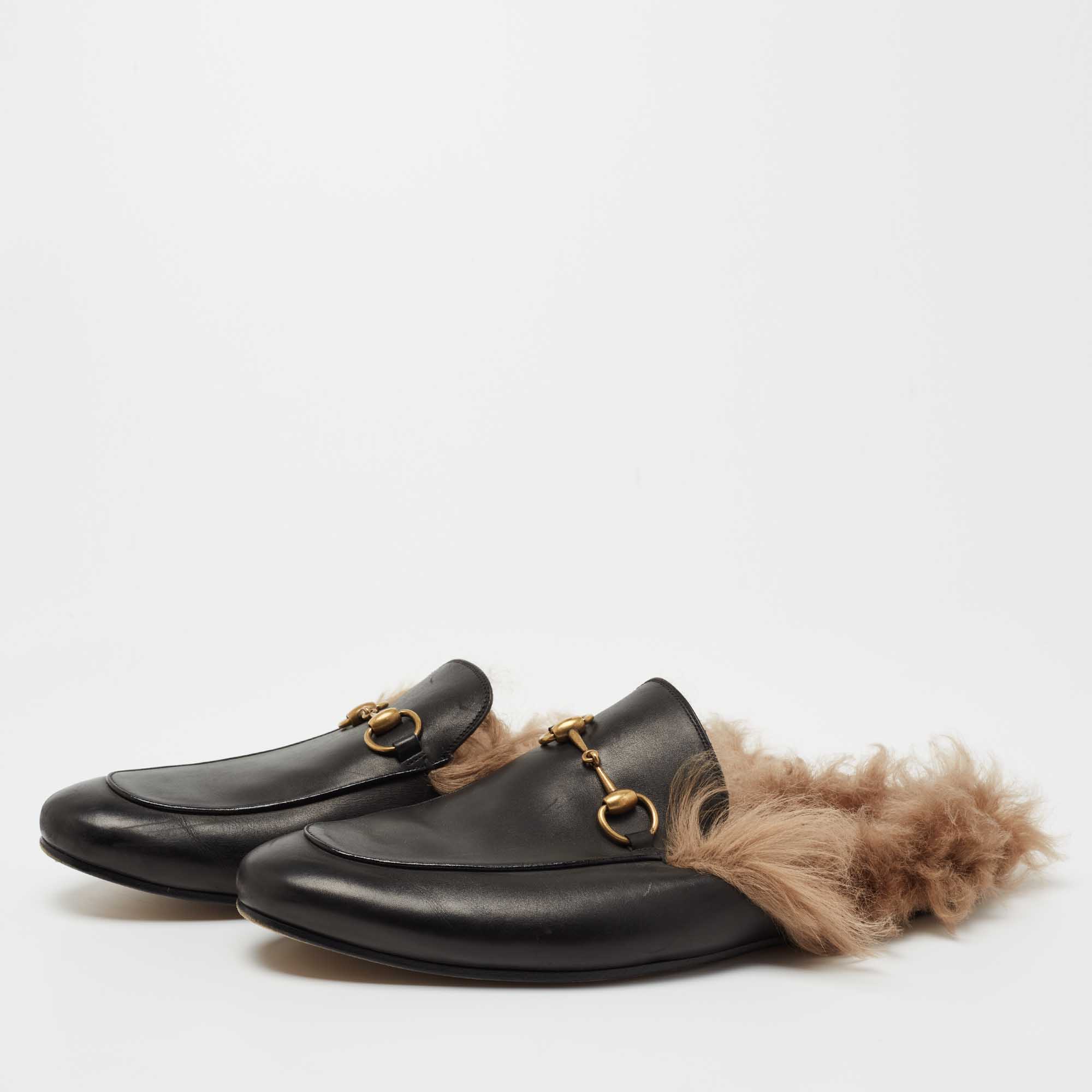 

Gucci Black Leather and Fur Lined Princetown Flat Mules Size