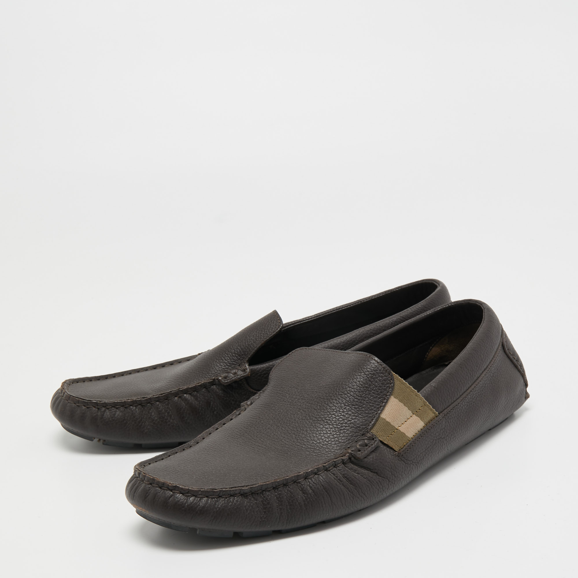 

Gucci Dark Brown Leather Web Detail Slip On Loafers Size