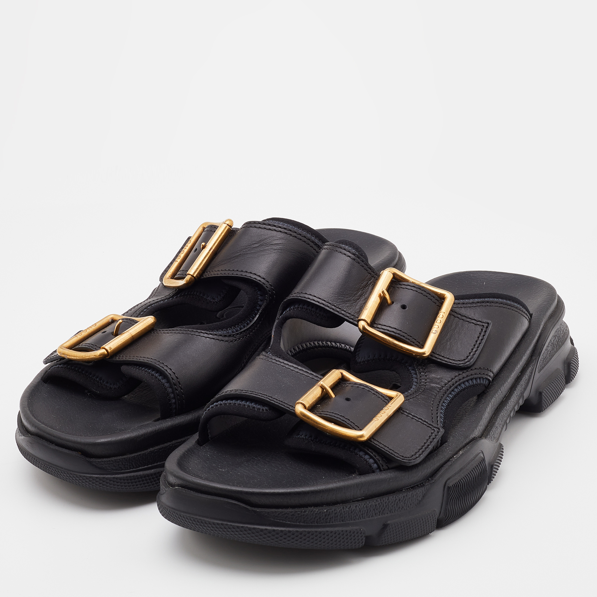 

Gucci Black Leather Aguru Buckle Flat Slides Size