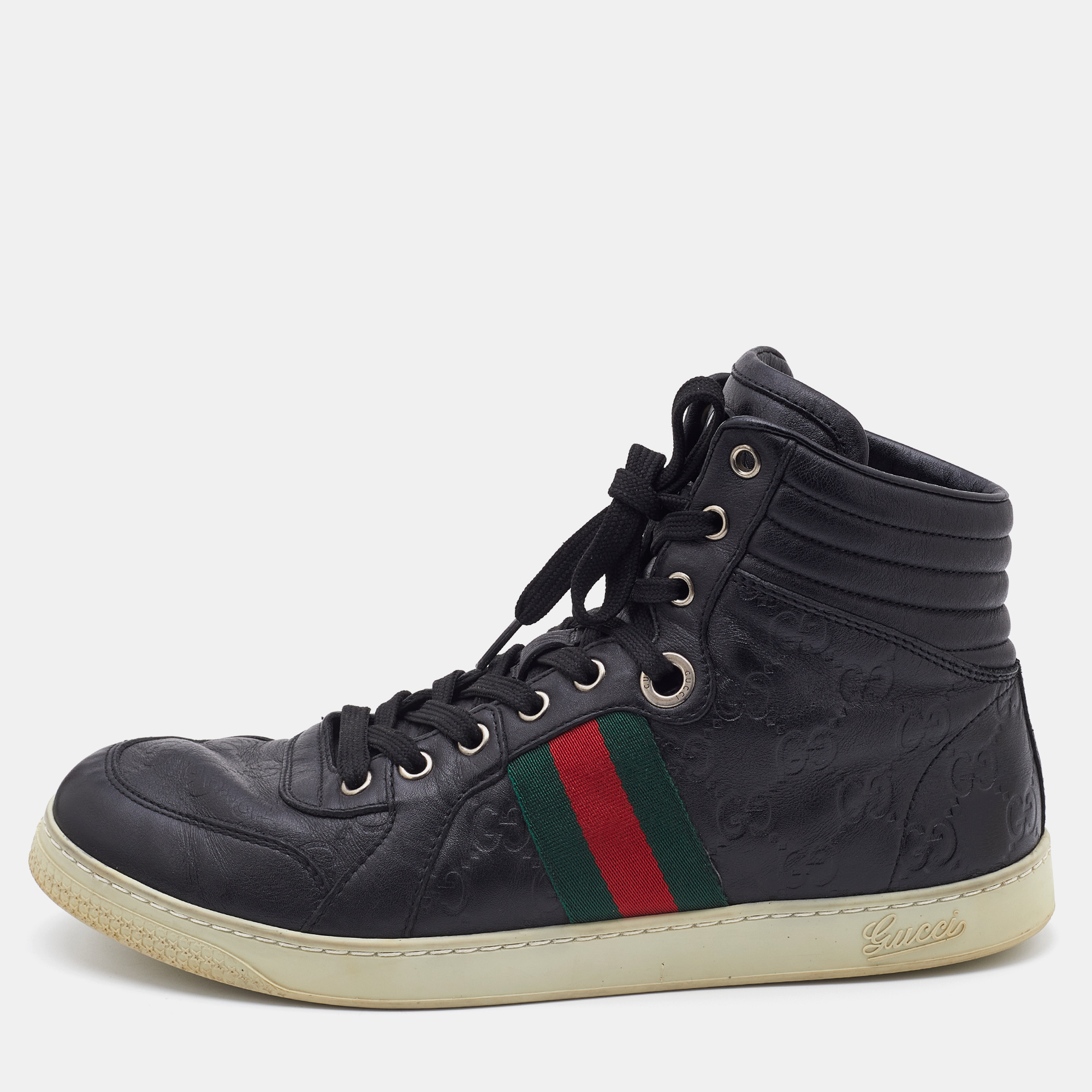 Pre-owned Gucci Ssima Leather Web Detail High Top Sneakers Size 41.5 In Black