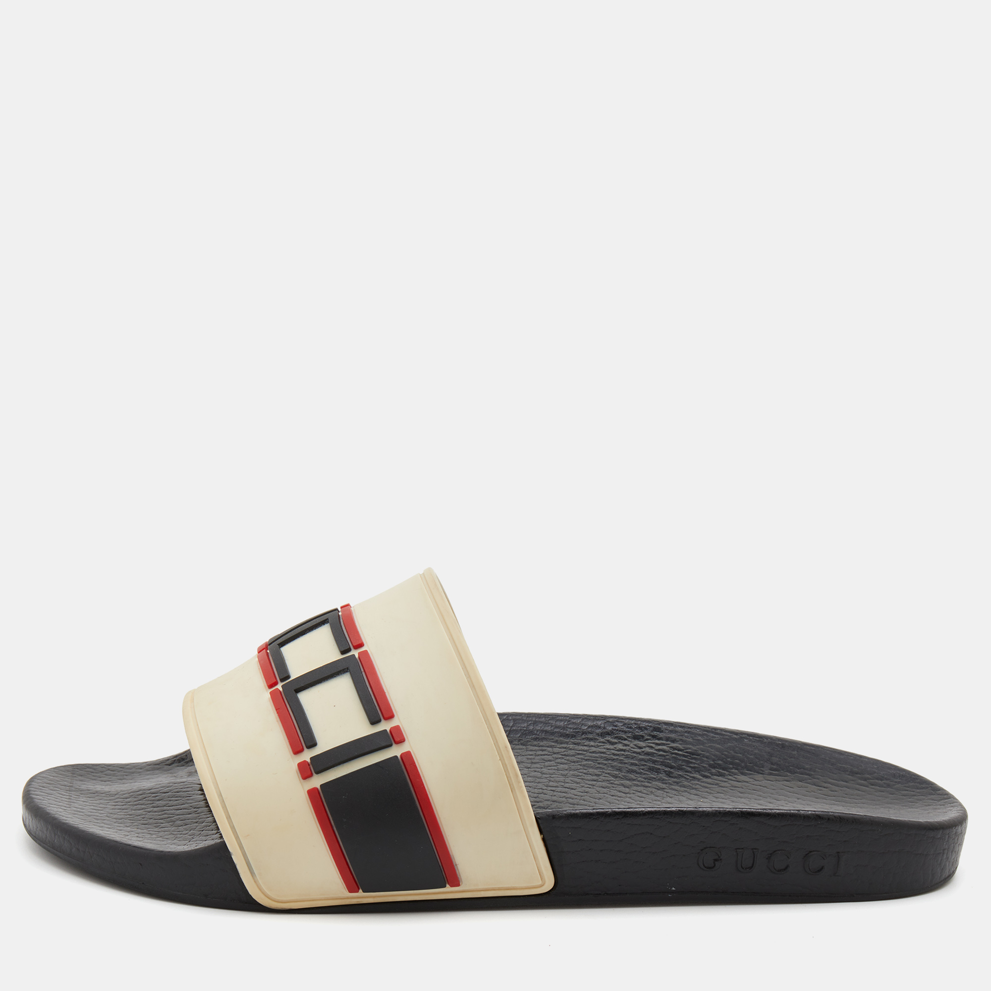 Pre-owned Gucci Off-white Rubber Logo Slide Sandals Size 42