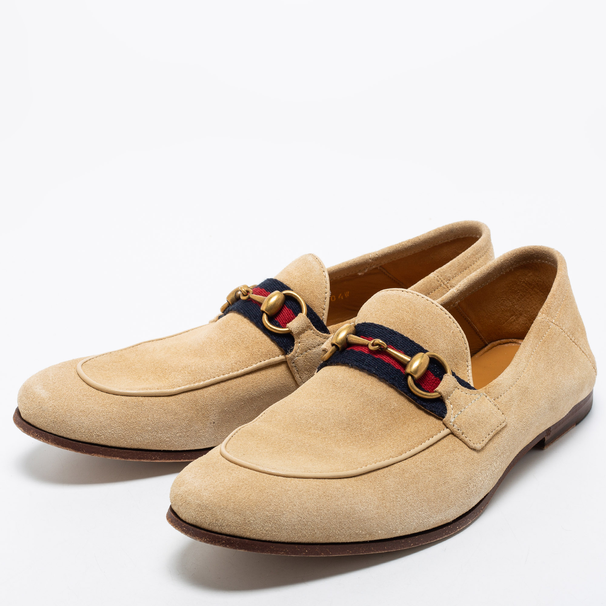 

Gucci Beige Suede Web Horsebit Slip On Loafers Size