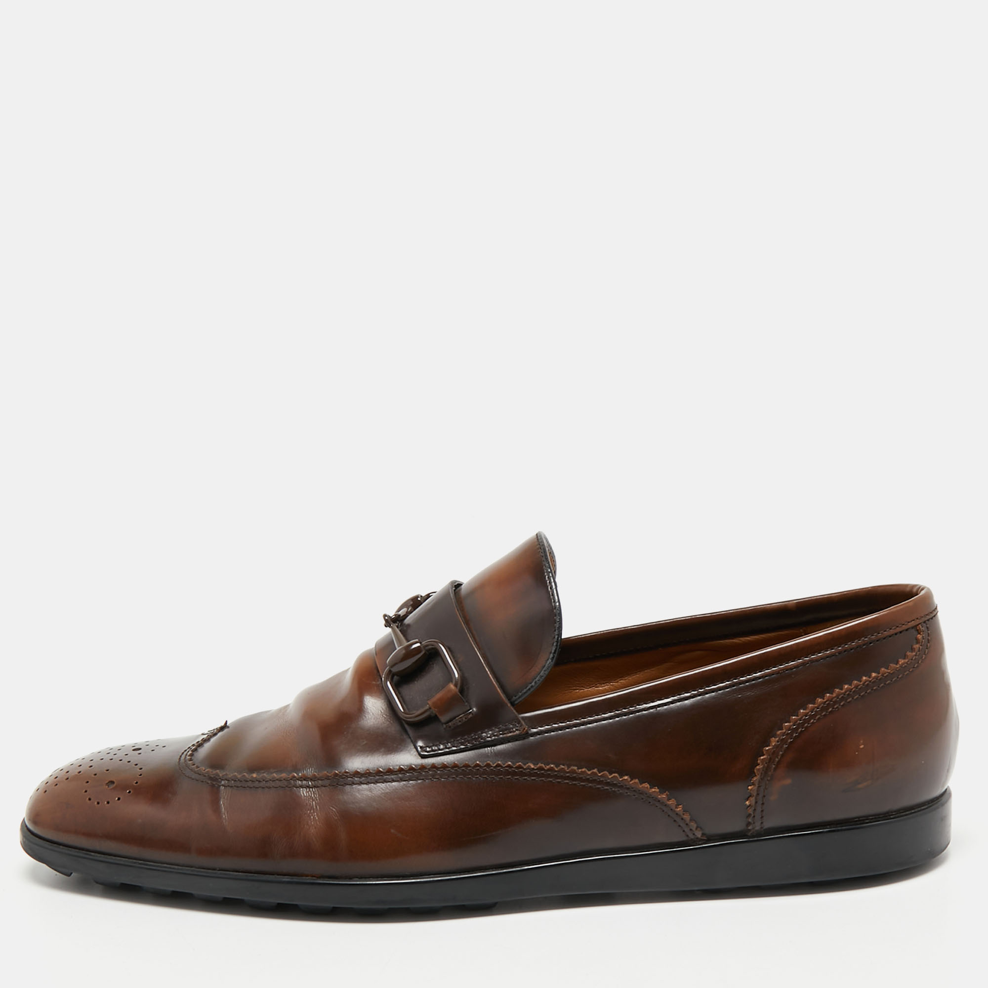 Pre-owned Gucci Brown Brogue Wingtip Leather Horsebit Loafers Size 44.5