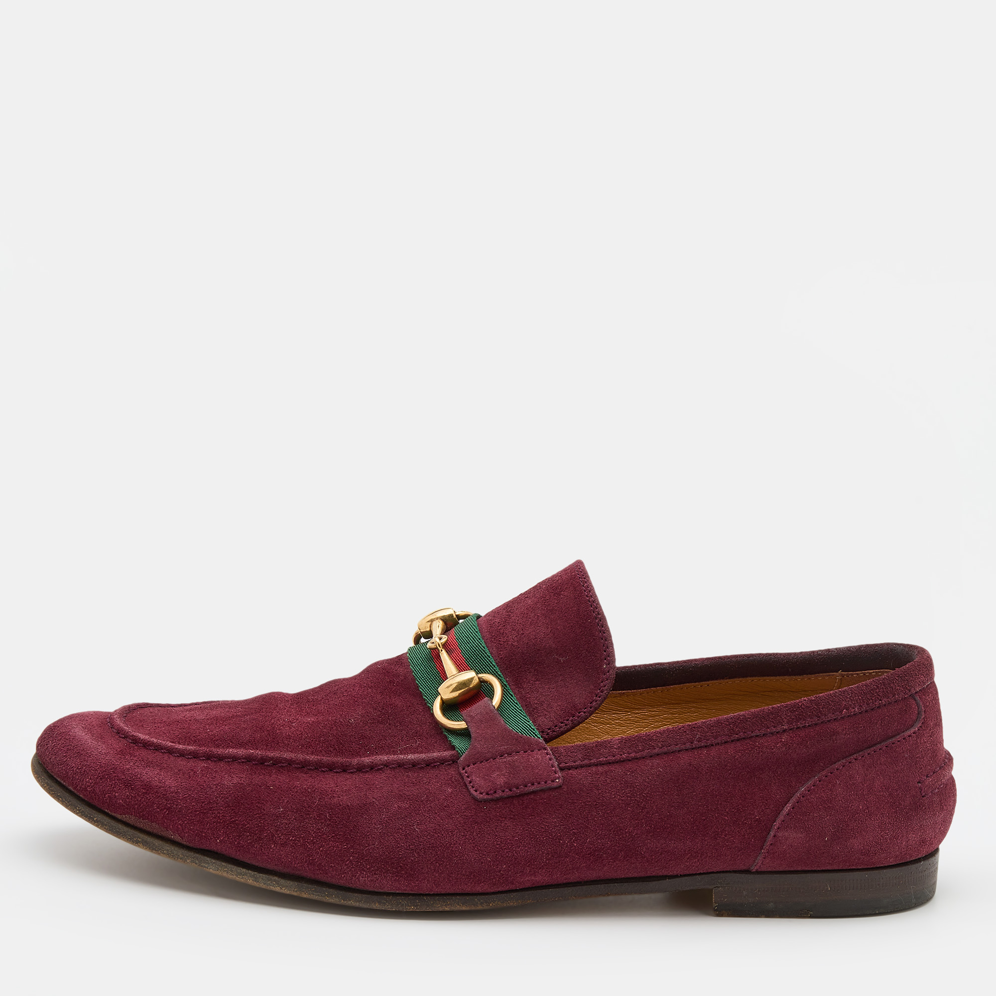 Pre-owned Gucci Burgundy Suede Web Horsebit Slip On Loafers Size 42