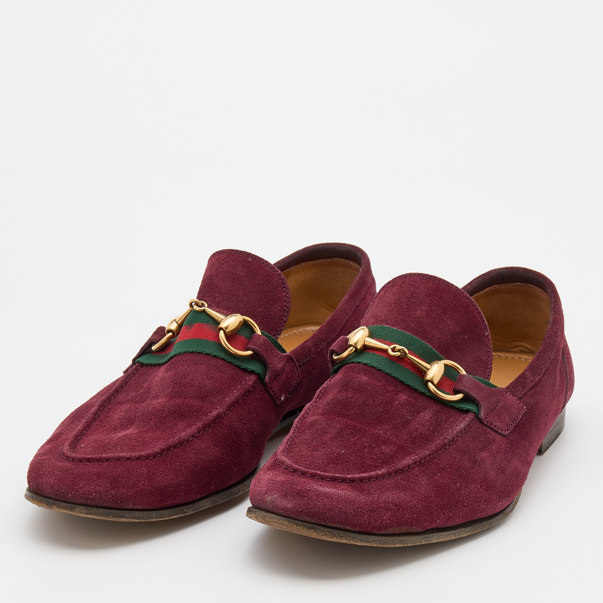 

Gucci Burgundy Suede Web Horsebit Slip On Loafers Size
