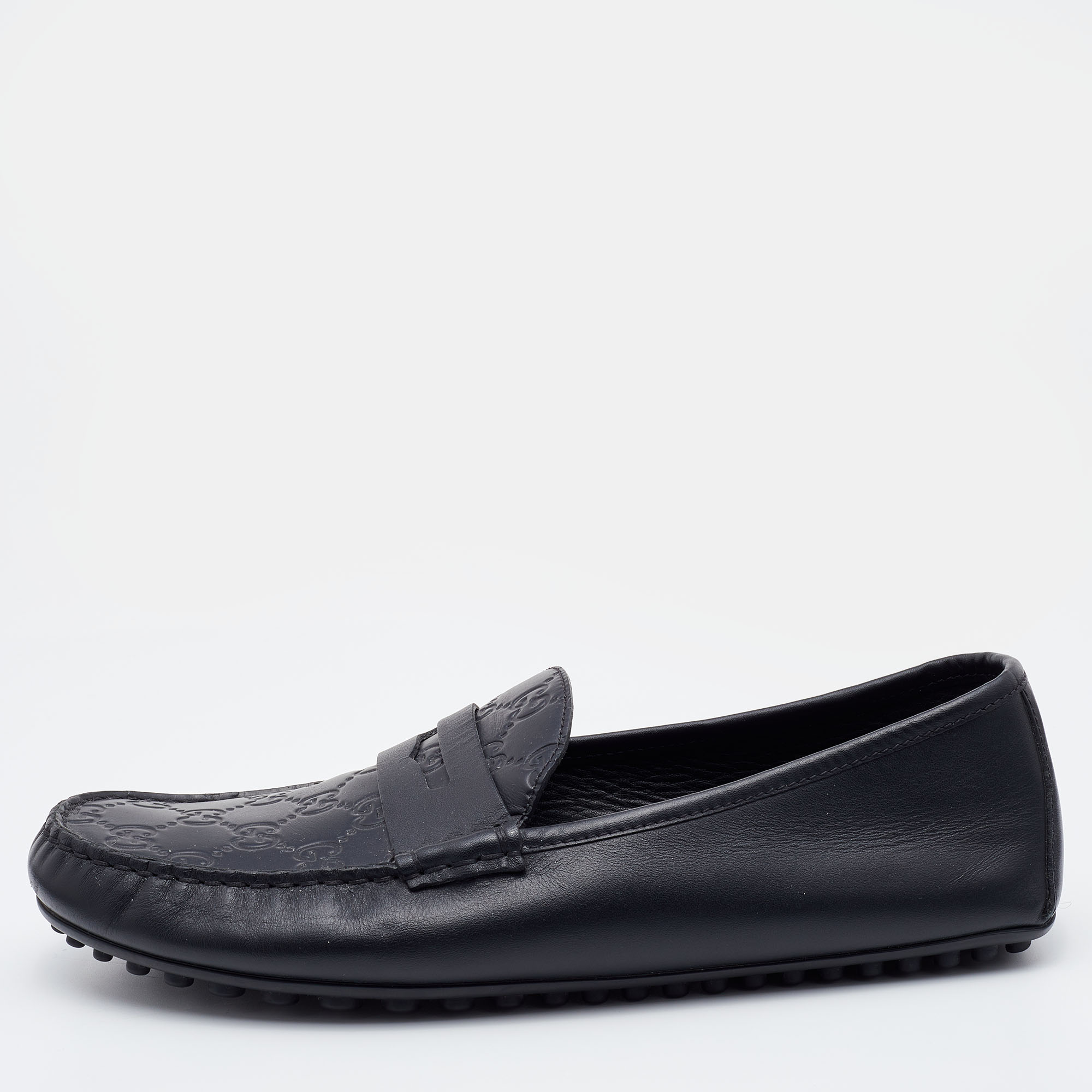 Pre-owned Gucci Ssima Leather Penny Slip On Loafers Size 42 In Black