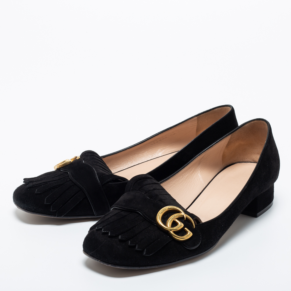 

Gucci Black Suede GG Marmont Fringe Loafers Size
