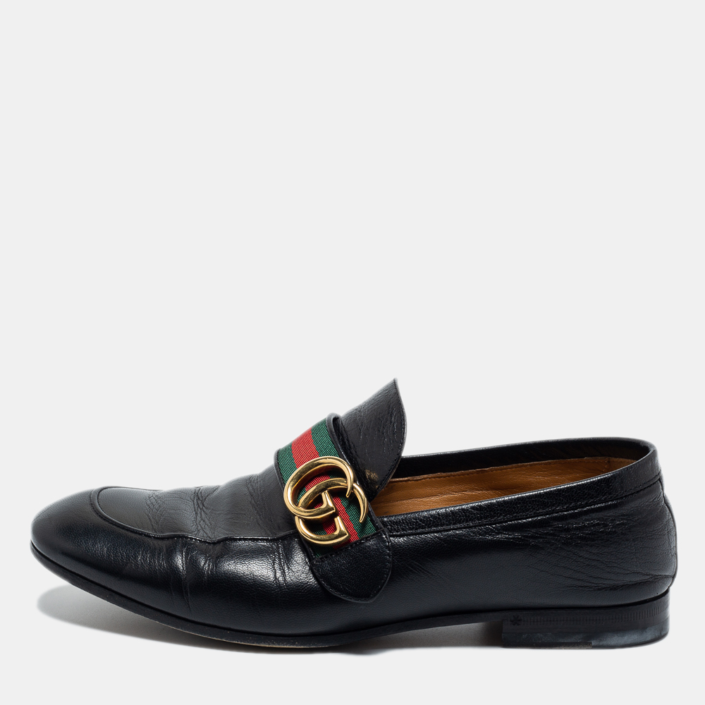 Pre-owned Gucci Black Leather Gg Marmont Web Loafers Size 40