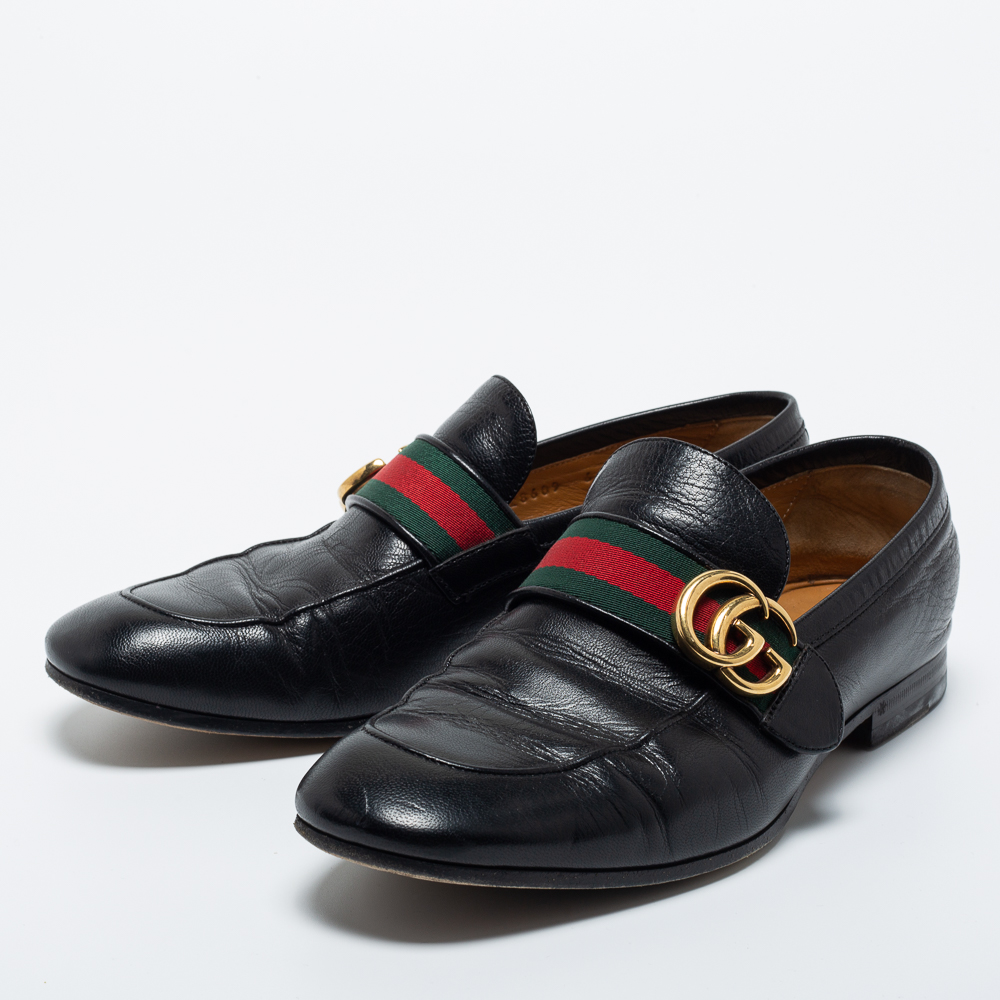 

Gucci Black Leather GG Marmont Web Loafers Size