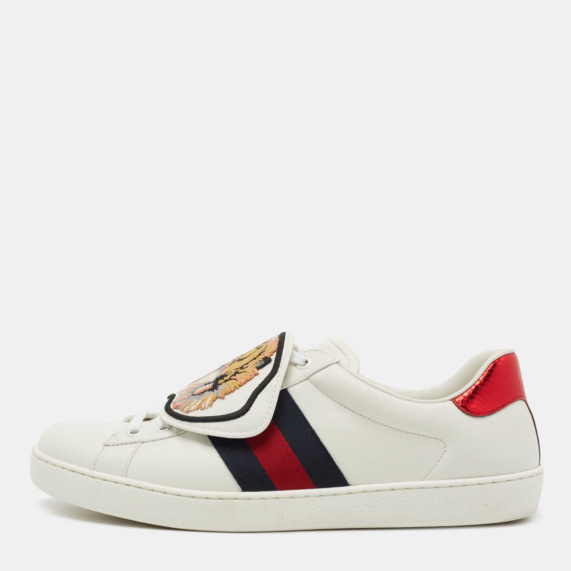Pre-owned Gucci White Leather New Ace Tiger Strap Sneakers Size 43