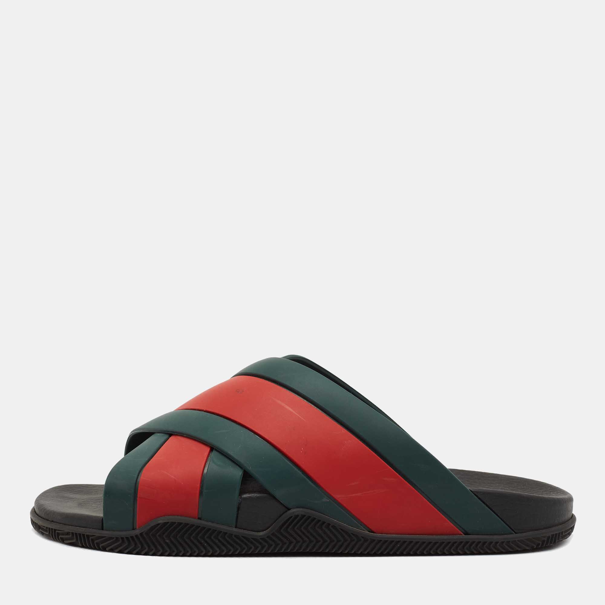 Pre-owned Gucci Red/green Web Rubber Slides Size 45