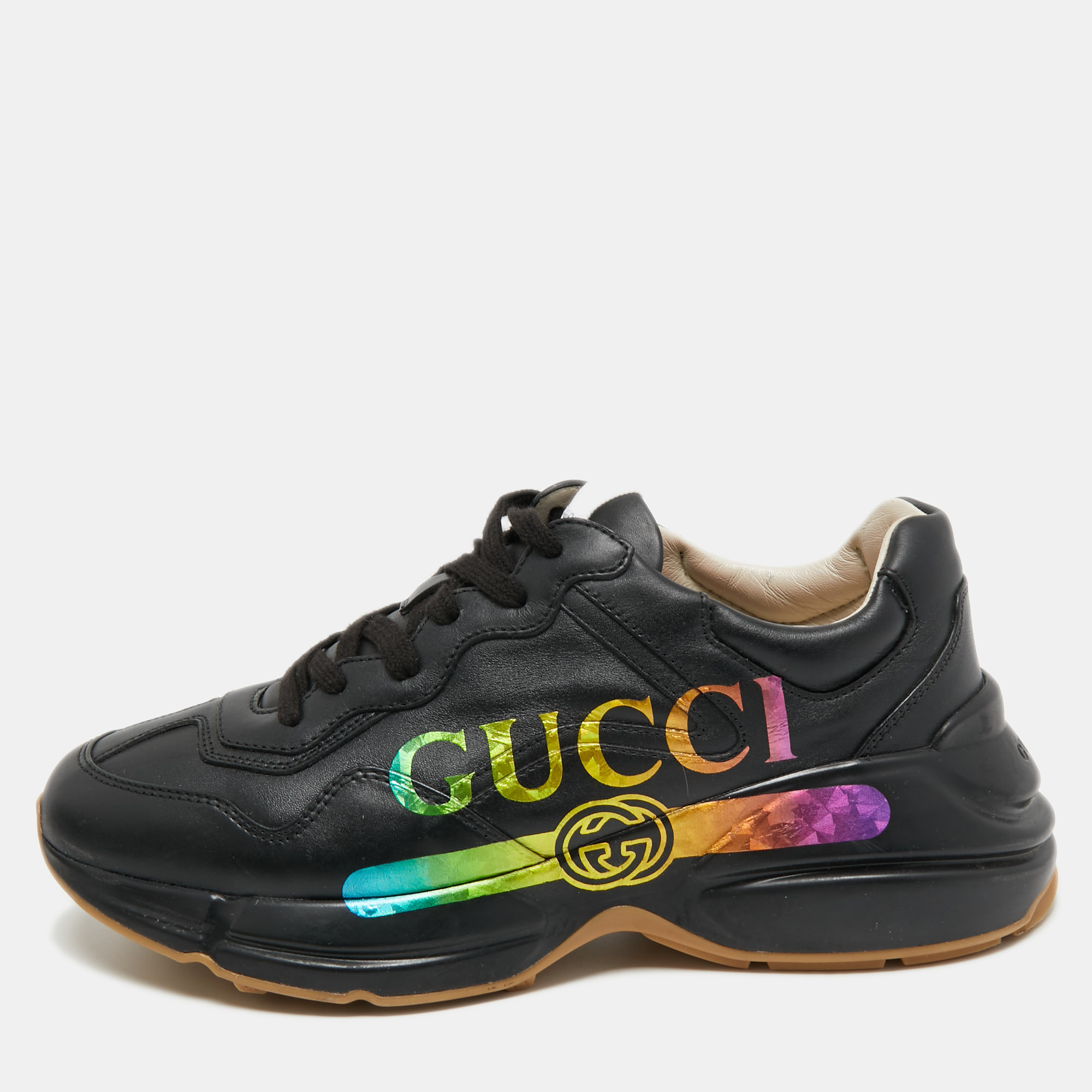 مملوكة مسبقًا Gucci Black Leather Rhyton Sneakers Size 40.5