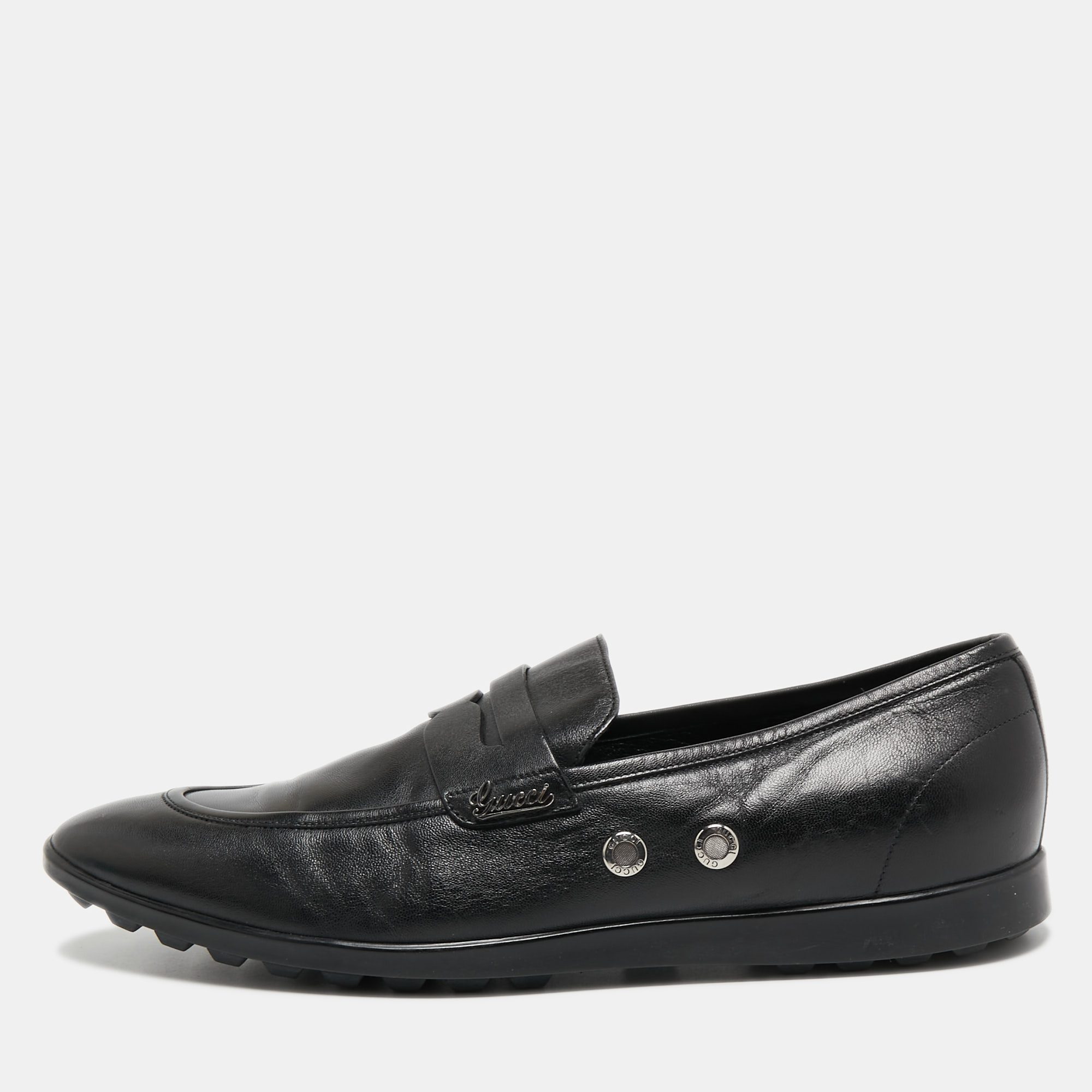 Pre-owned Gucci Black Leather Slip On Loafers Size 40.5