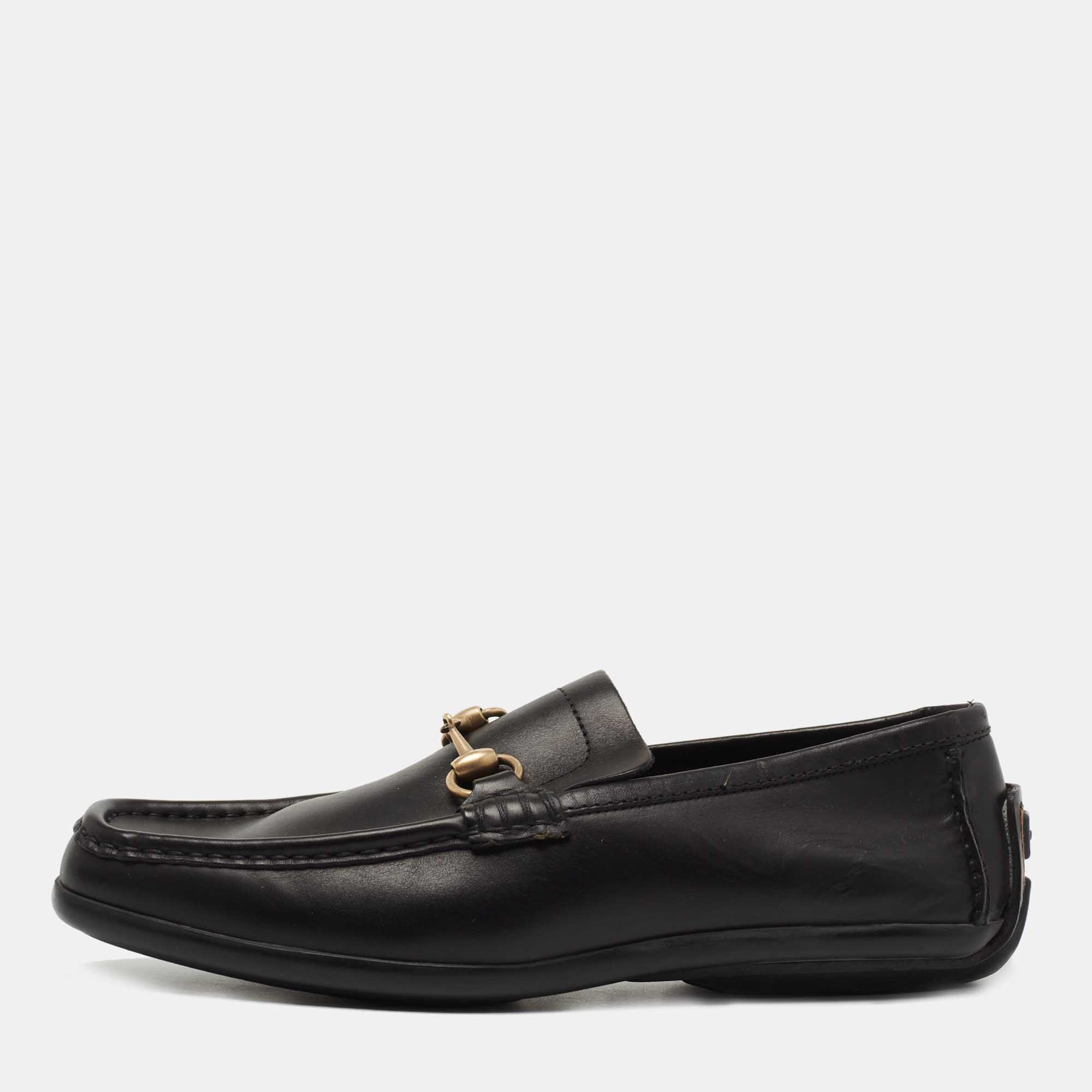 Pre-owned Gucci Black Leather Horsebit Slip On Loafers Size 42