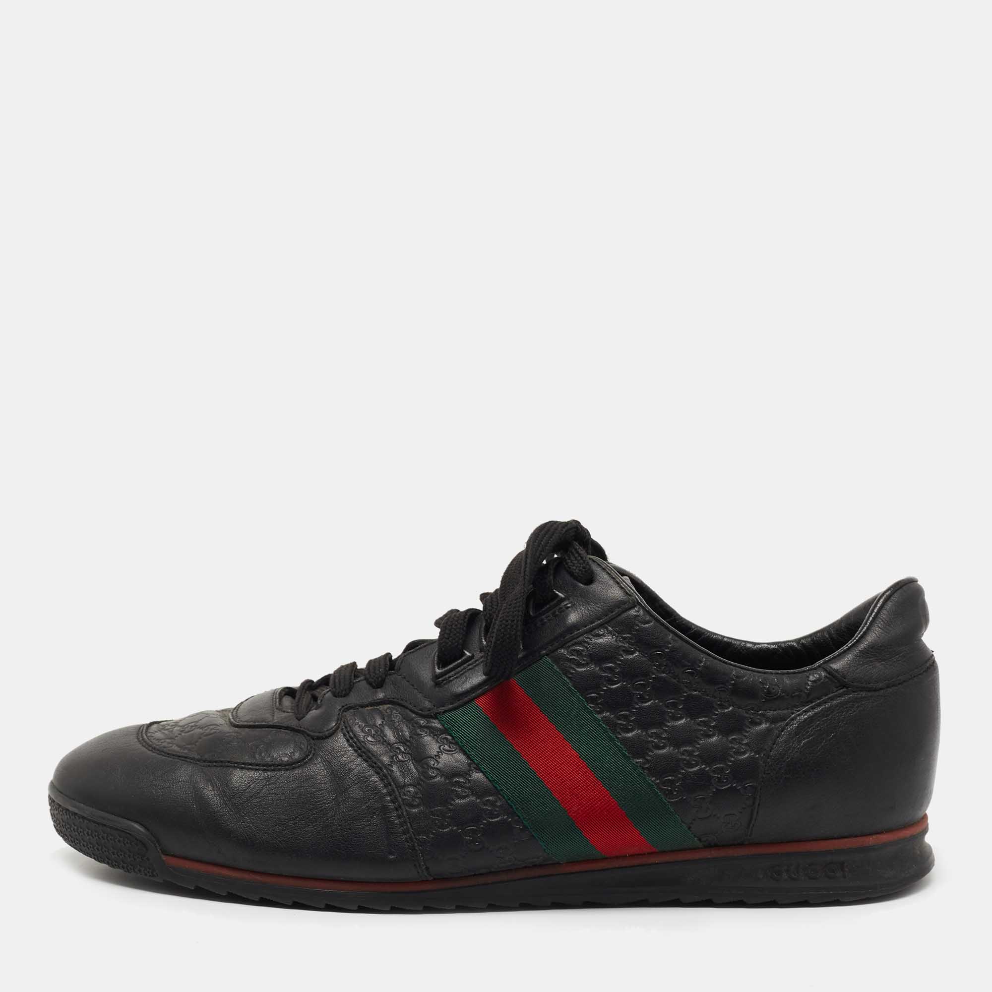 Pre-owned Gucci Black Microssima Leather Web Low Top Sneakers Size 44.5