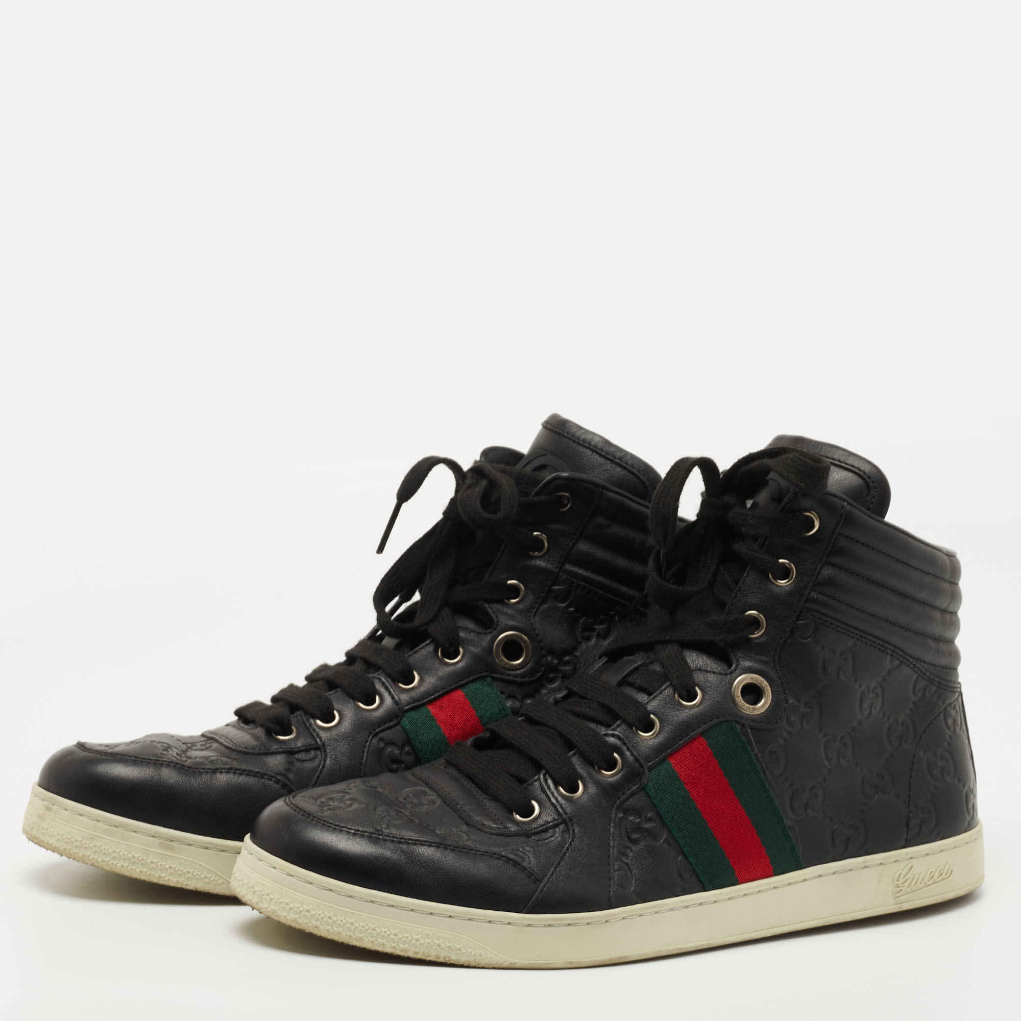 

Gucci Black Guccissima Leather Web High Top Sneakers Size