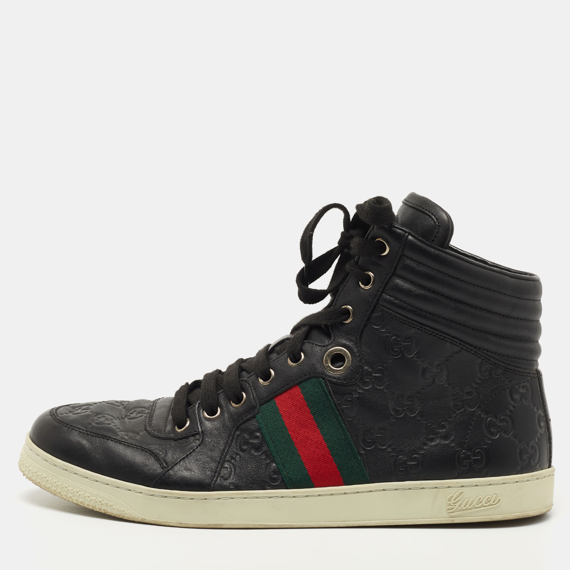 Pre-owned Gucci Ssima Leather Web High Top Sneakers Size 42 In Black