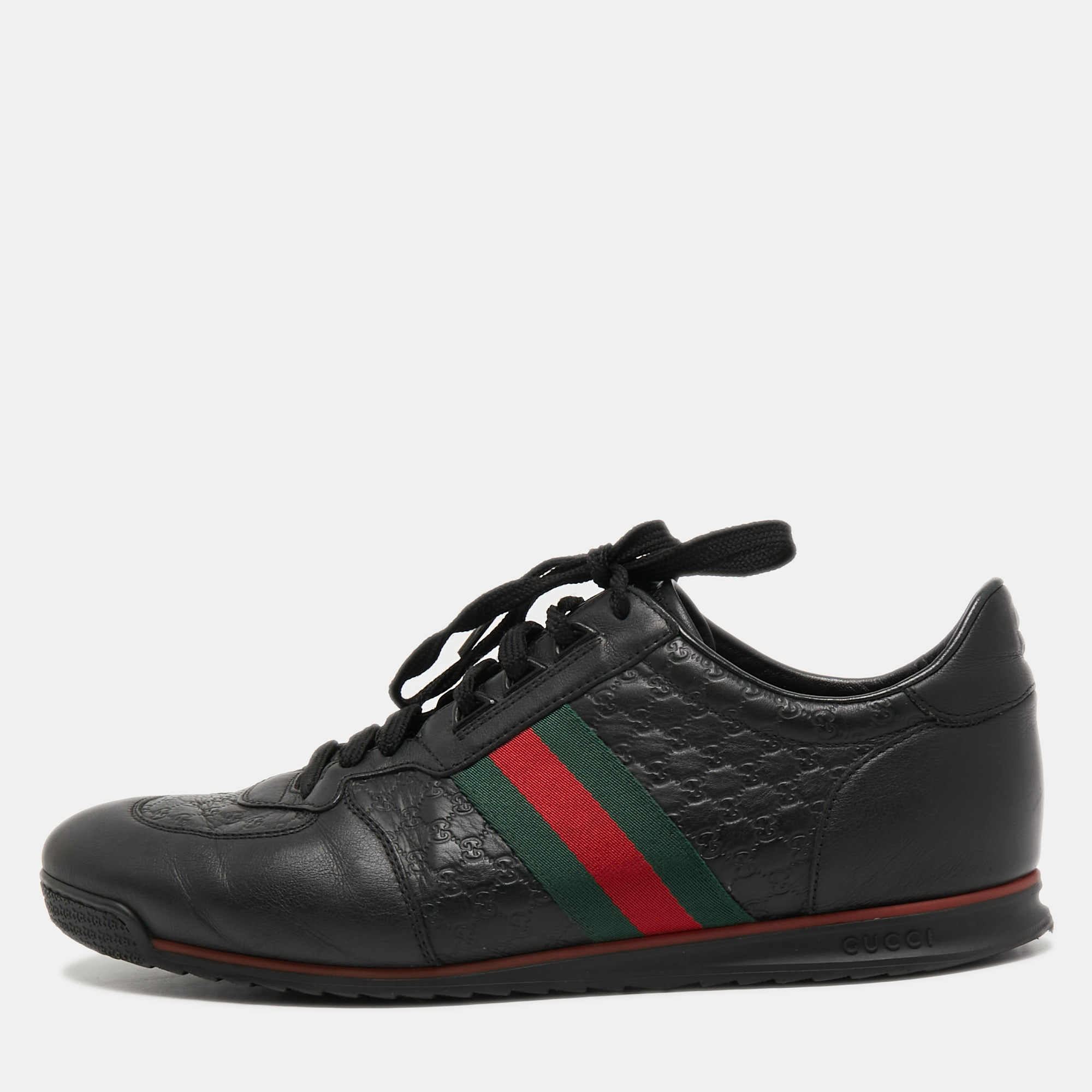 Pre-owned Gucci Ssima Leather Web Detail Sneakers Size 45.5 In Black