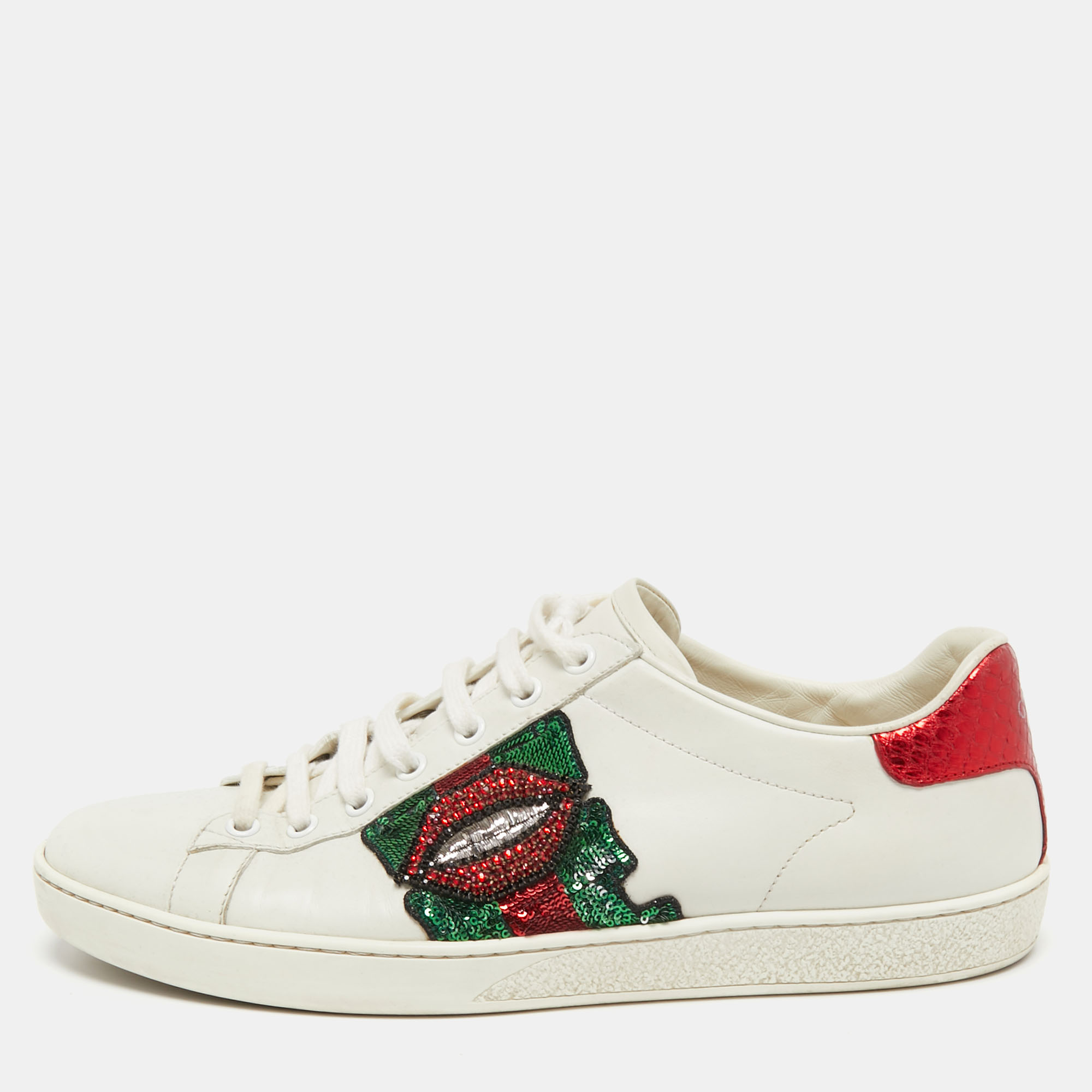 Pre-owned Gucci White Leather Sequin Lips Ace Low Top Sneakers Size 41
