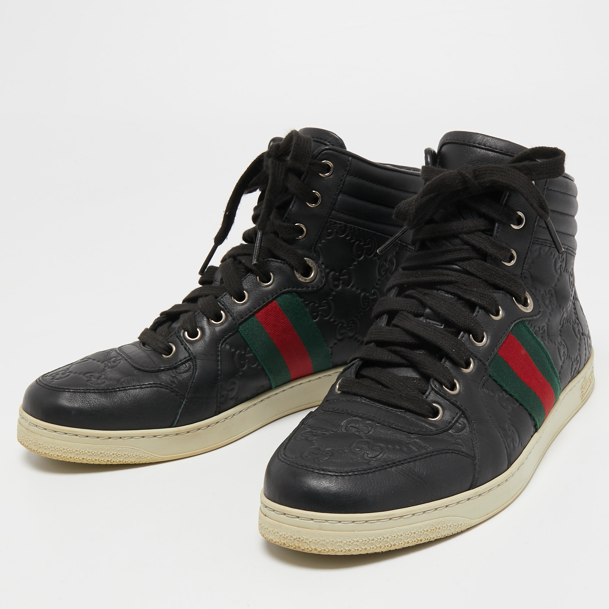 

Gucci Black Guccissima Leather Web Detail High Top Sneakers Size